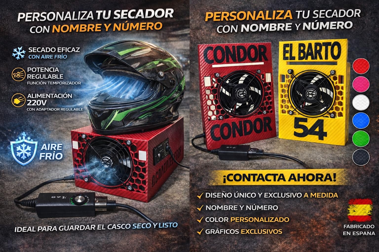 Secador de Casco para Moto con Aire Frío, Soporte Ventilado Mono Ventilador 220V con Potencia Regulable, Secado Rápido y Uniforme, Compatible con Cascos Integrales y Modulares – Personalizable