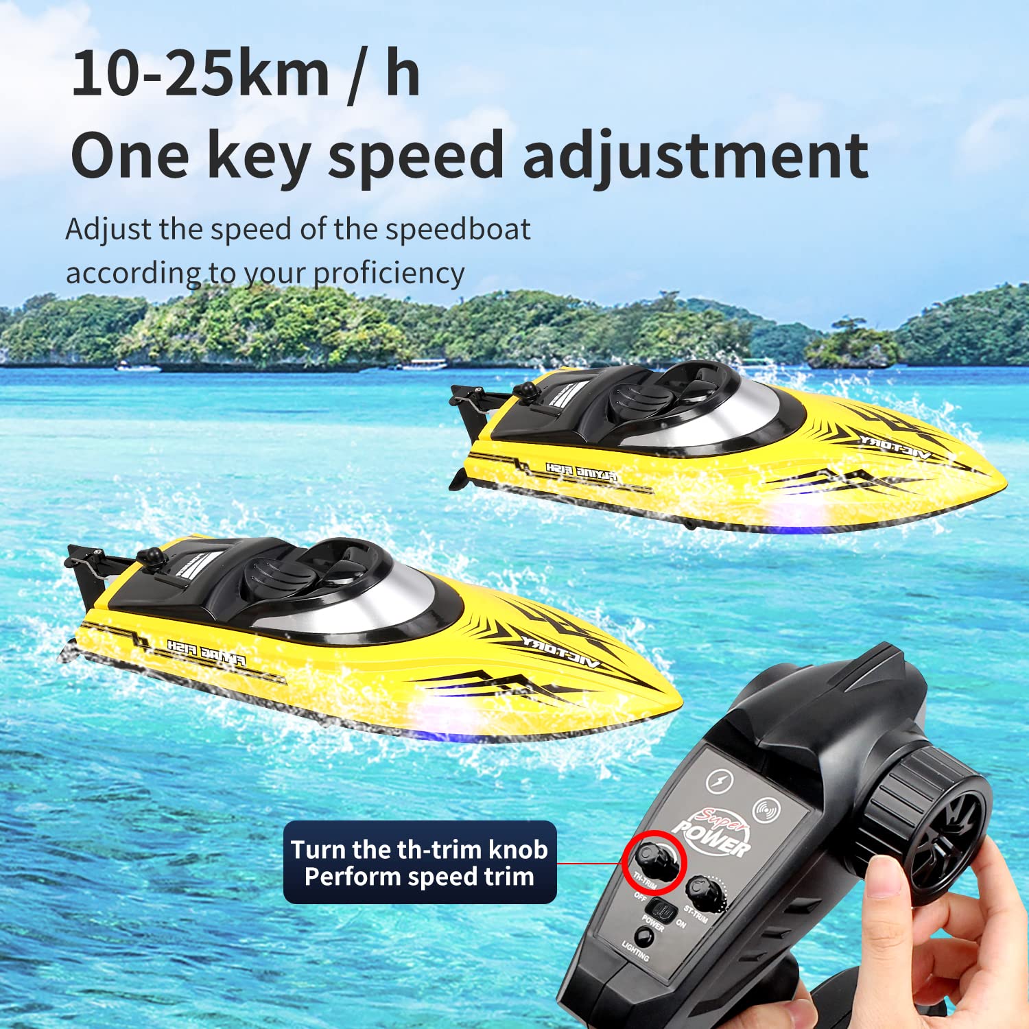 HJ811 Barca telecomandata 2.4G Acqua Alta Velocità Telecomandata Motoscafo Estate Giocattolo Barca Colorata Luce di Navigazione Notturna 20km Crociera Auto Capovolgente RC Motoscafo