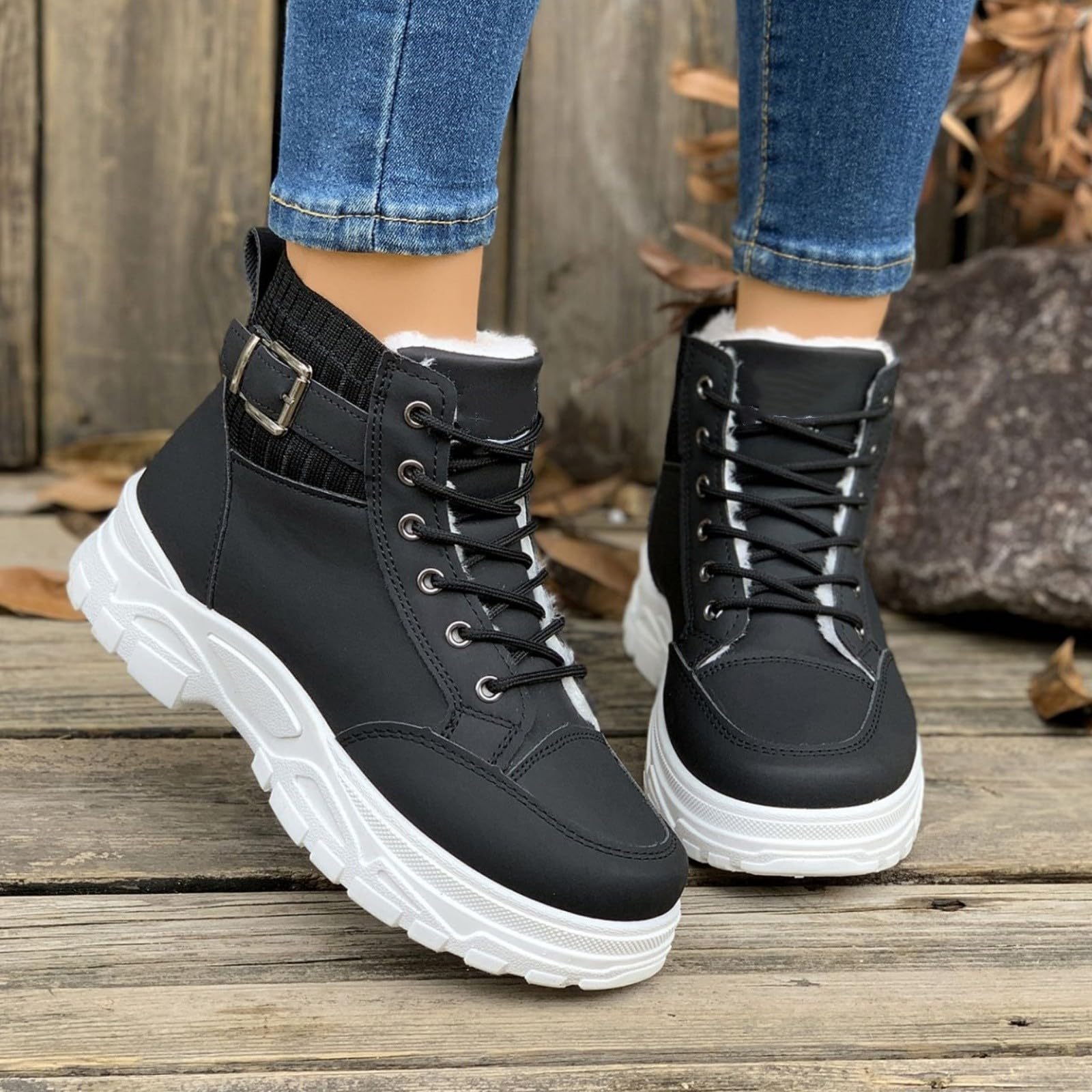 Męskie zimowe trampki z wysoką cholewką, ciepłe, z podszewką z futra, na co dzień, sznurowane buty do codziennego chodzenia i streetwear, Czarny, 40 EU