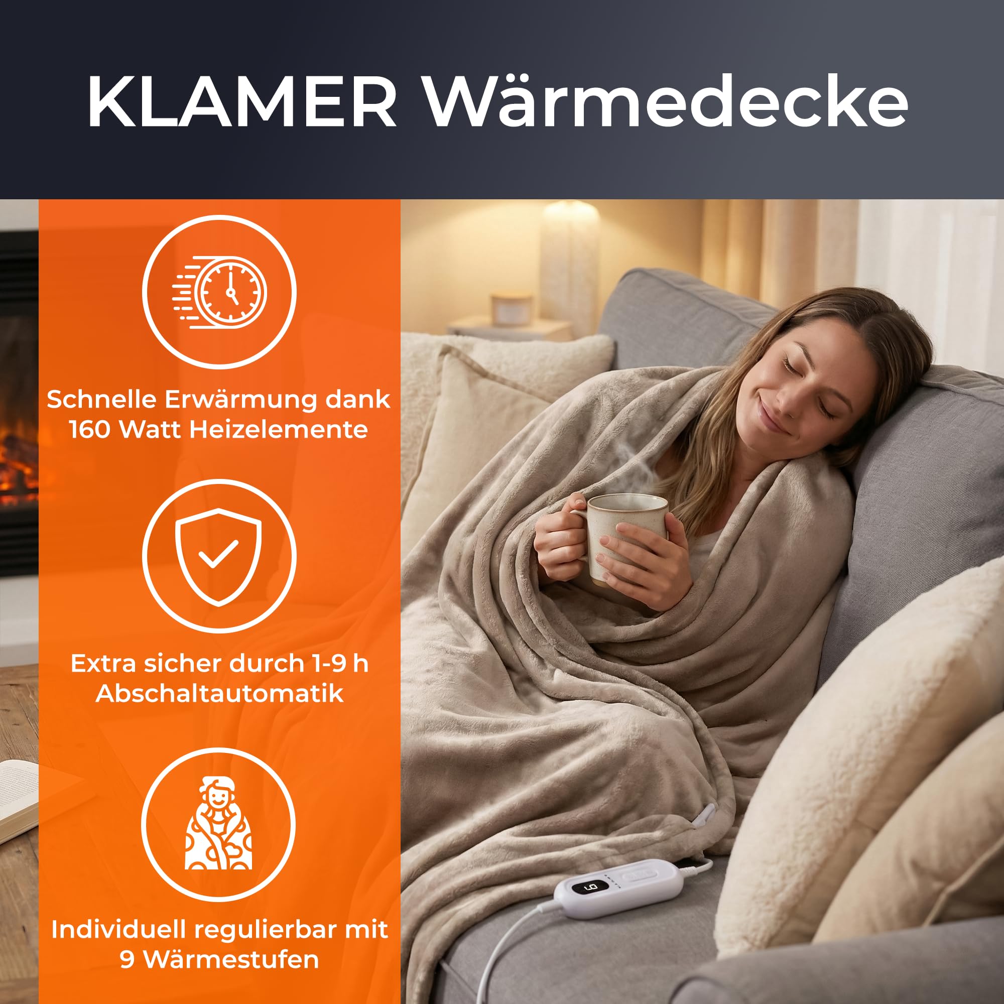 KLAMER Heizdecke mit Abschaltautomatik, 180x130 cm, waschbare Wärmedecke, 9 Temperaturstufen, elektrische Heizdecke geeignet für Bett, Sofa und Büro, beige