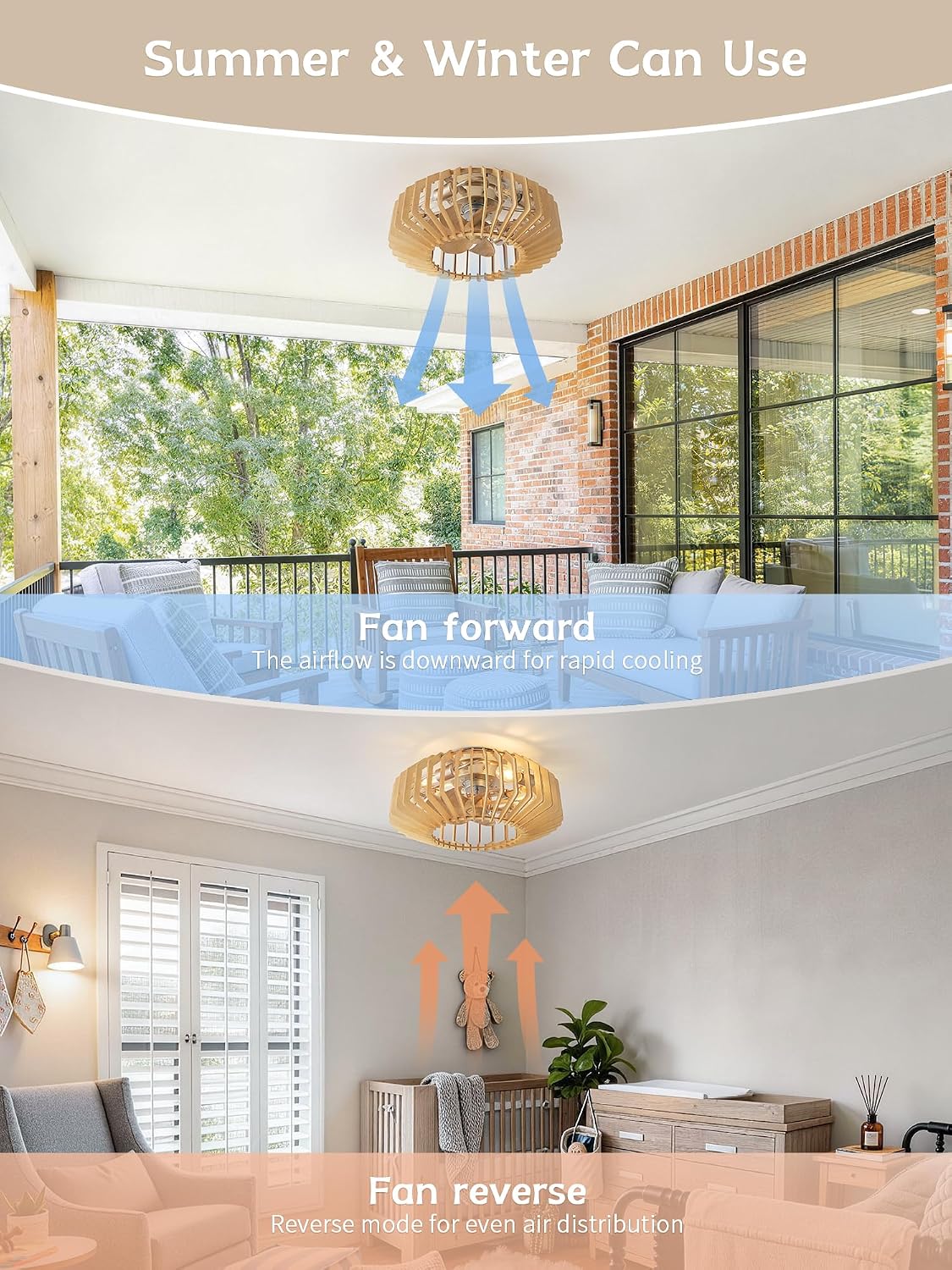 20" Wood Ceiling Fans with Lights Flush Mount, Caged Boho Ceiling Fan with Light Remote Control, Low Profile with 6 Speeds for Bedroom, Living Room, Nursery