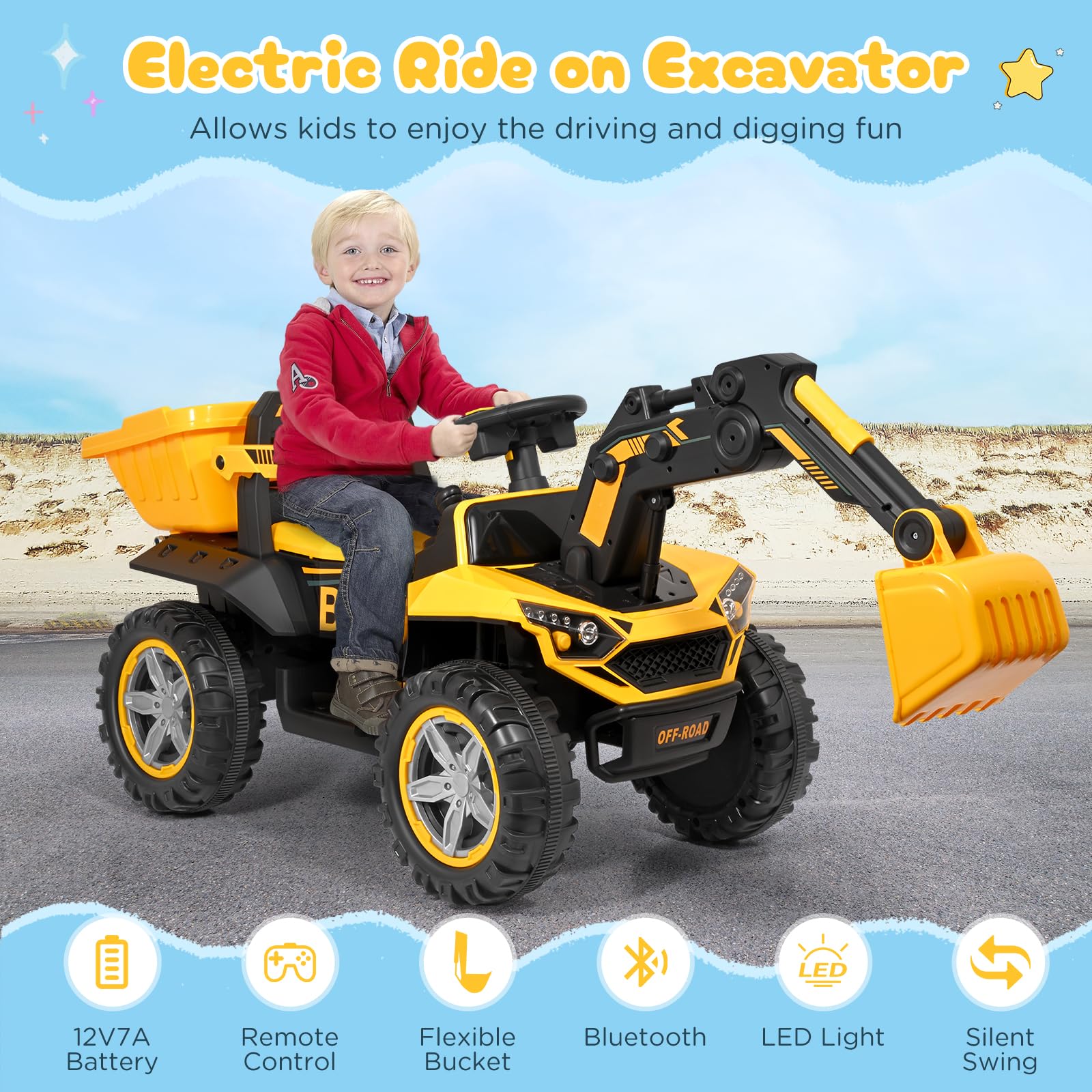 Kinder Elektroauto,Vollautomatischer Bagger,24V 7ah, mit 2.4G Fernbedienung,Kinderauto Kinderfahrzeug,Elektrofahrzeuge für ab 3 Jahre,Maximale Tragfähigkeit: 50 kg
