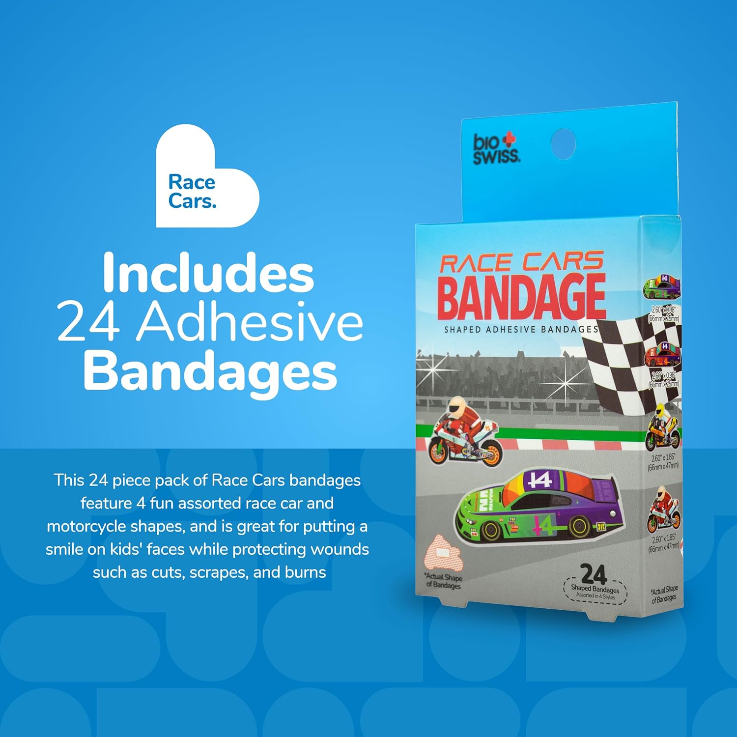 BioSwiss Bandages, Race Cars Shaped Self Adhesive Bandage Set, Latex Free, Sterile Wound Care, 24 Count