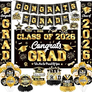 Graduation Decorations Class of 2026 Black and Gold Party Decor Set include Congrats Grad Banner Graduation Backdrop Class of 2026 Balloons Party Supplies