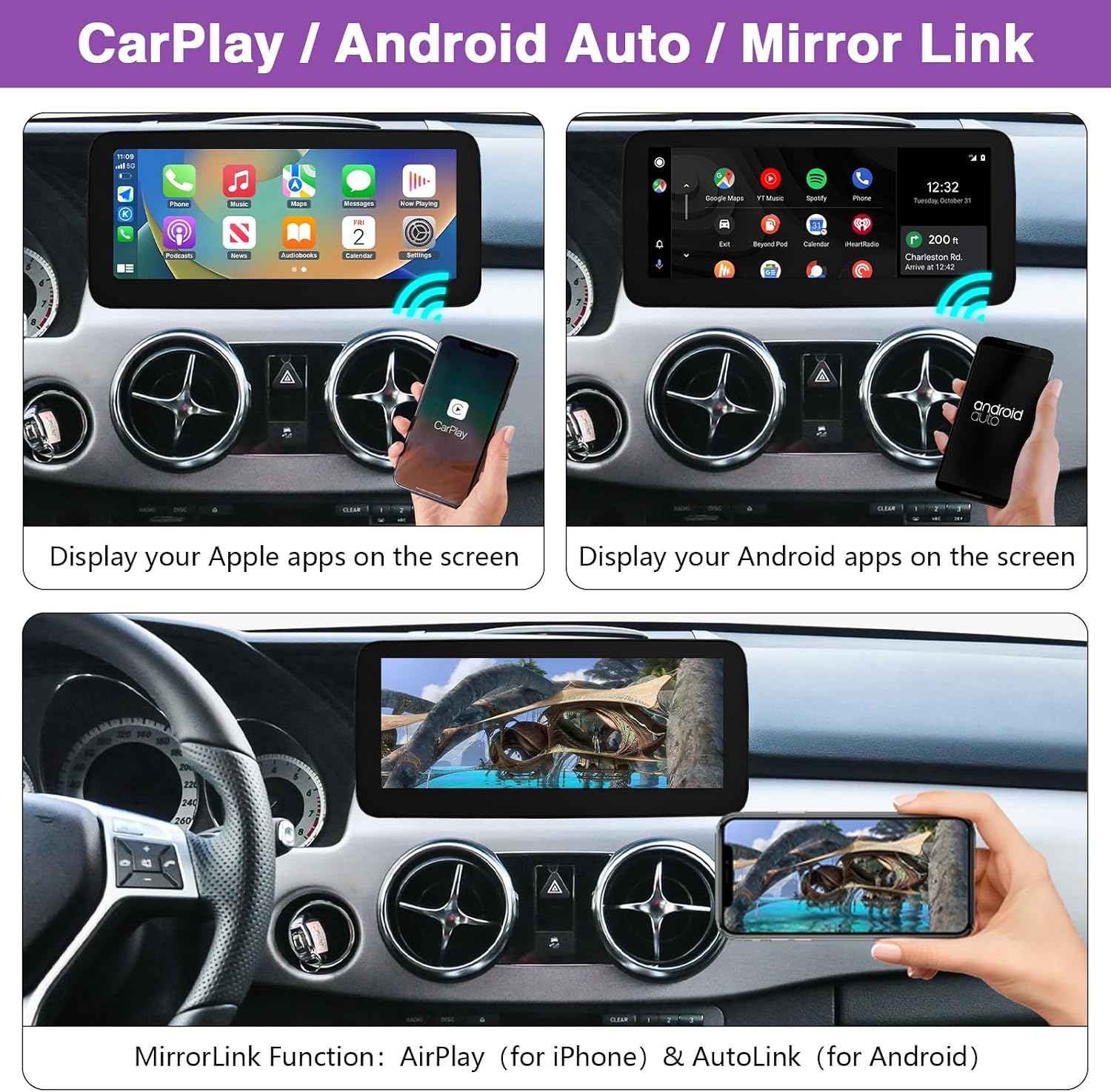 Image showing the display with CarPlay, Android Auto, and Mirror Link interfaces, demonstrating smartphone integration.