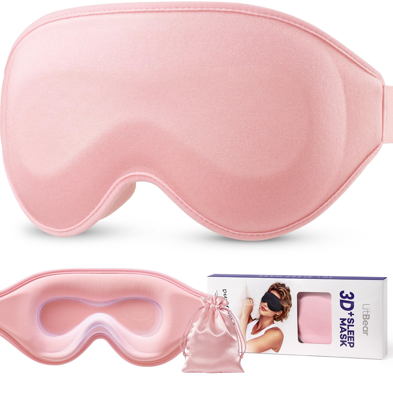 LitBear 3D Schlafmaske für Seitenschläfer für Frauen & Herren, 100% Lichtblockierende Schlafbrille, Extratiefe Augenmulde, Weich und Atmungsaktiv, mit Verstellbarem Kopfband, Ideal für Reisen