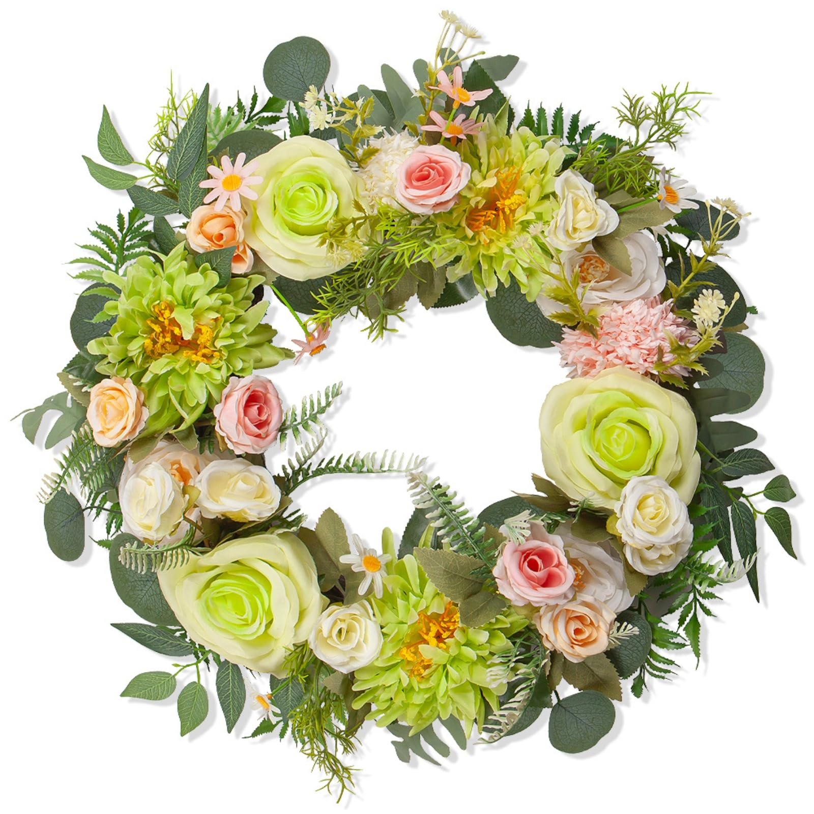45cm Artificial Spring Wreath with Flowers, Faux Rose & Daisy Floral Door Garland for Front Porch Wall Window Farmhouse Home Decor (45cm,Green)