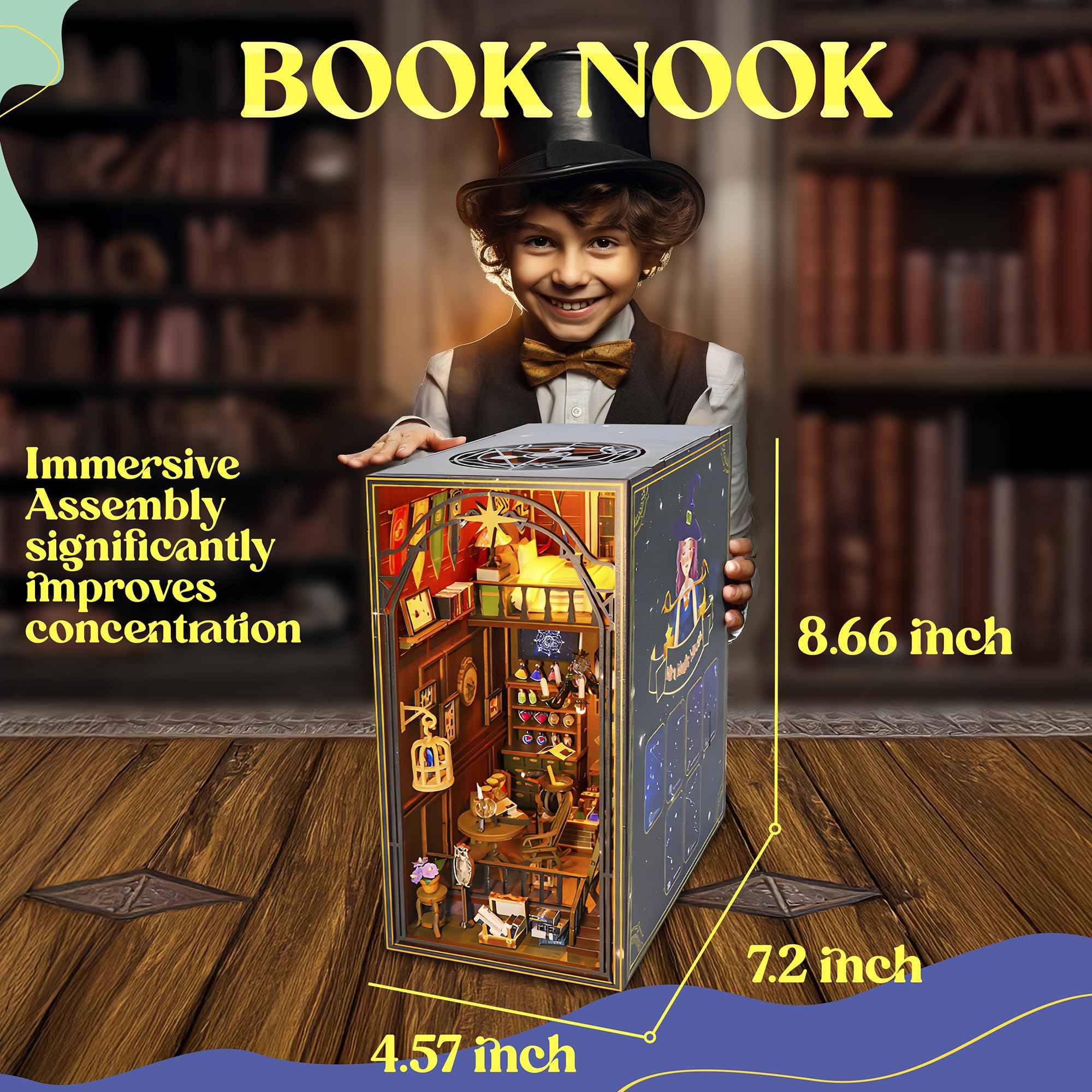 Kit Fai Da Te Booknook In Miniatura Con Luci LED - Modello 3D In Legno Per Libreria, Decorazione Casa, Regalo Creativo Per Adulti (Esplorazione Magica) - 3
