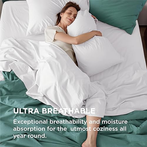 Miniatura 3 de Bedsure Sábanas de algodón para cama Queen Size, blanco puro