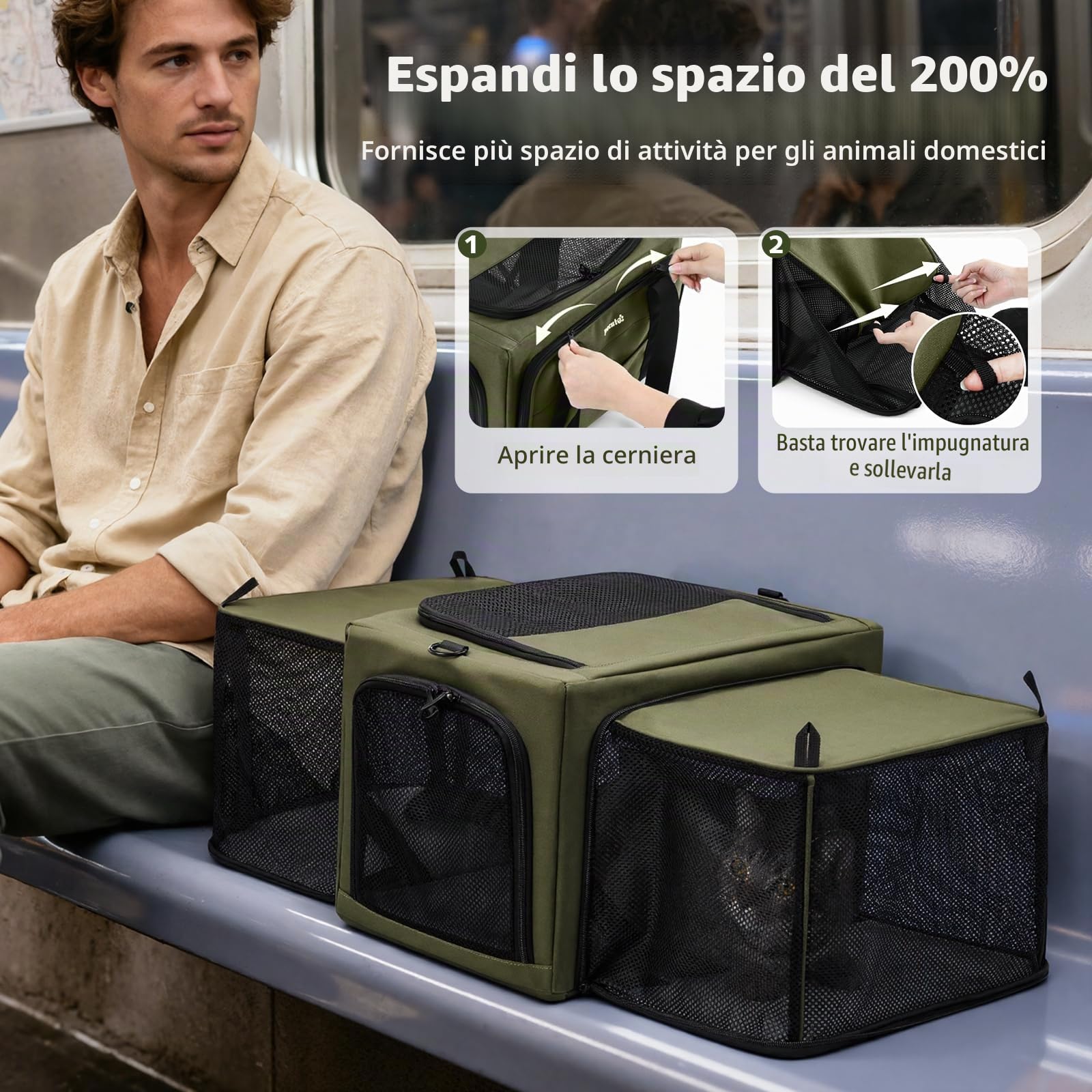 Pecute Trasportino per gatti espandibile, con struttura stabile, traspirante, ampio spazio, trasportino portatile adatto per viaggi comodi, doppia borsa espandibile, verde