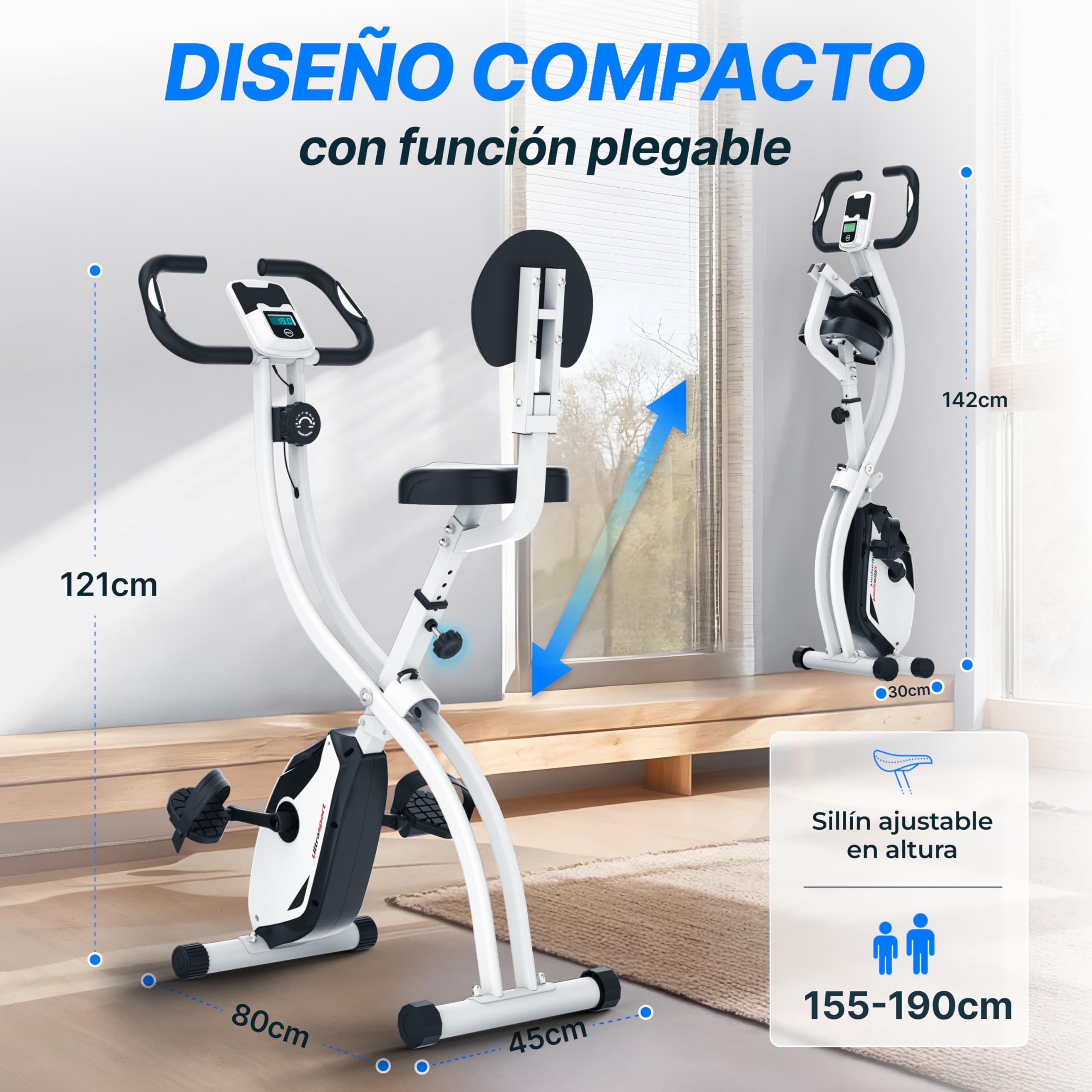 Ultrasport F-Bike 200B, entrenador bicicleta, bicicleta estática plegable, con respaldo,computadora entrenamiento LCD,peso máximo 110 kg,medición frecuencia cardíaca,8 niveles resistencia, Rosa/Blanco