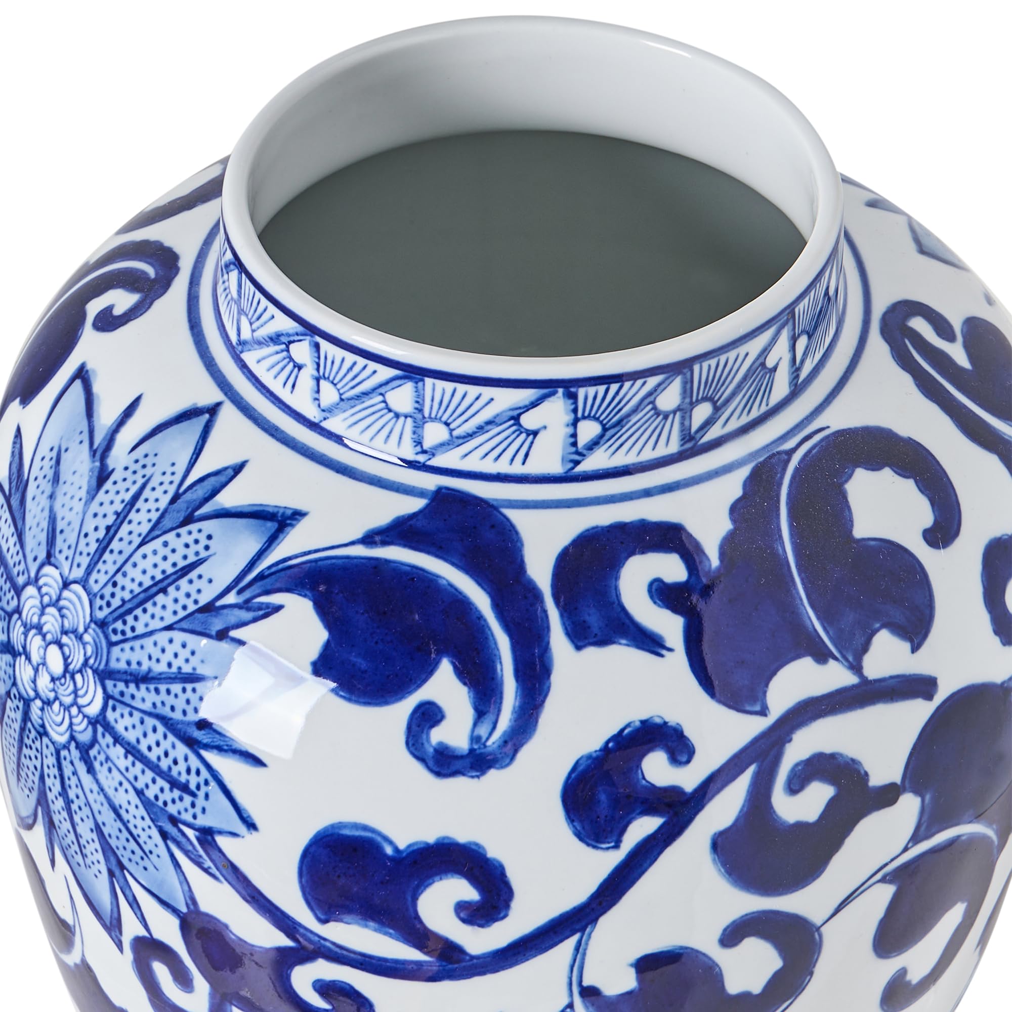 Blumenvase mit Deckel groß rund Porzellan weiß/blau handgemacht Deckelvase 36 cm hoch Cuenca