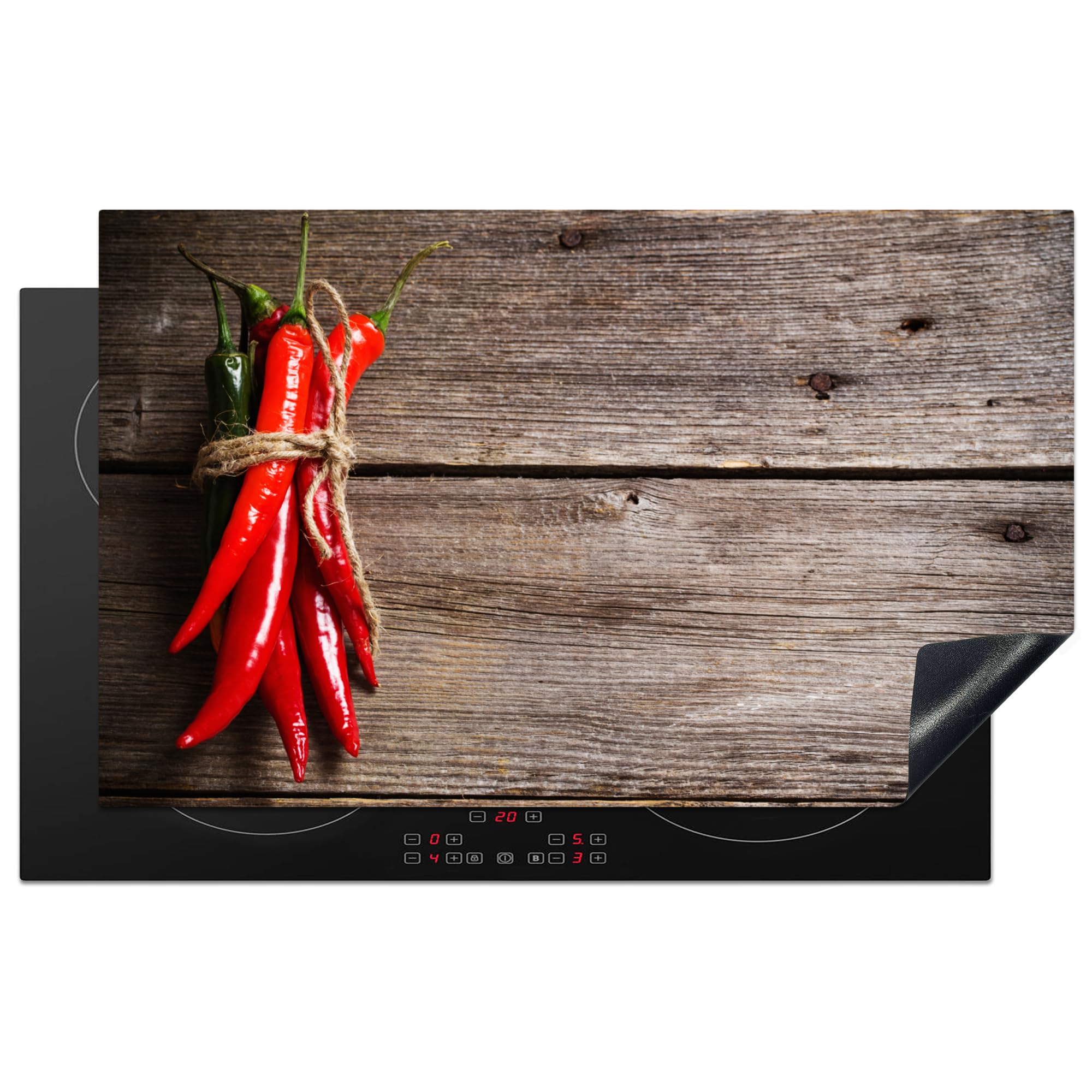 KitchenYeah© Induction Hob Protector Mat 20.5"x33.5" / 85x52 cm Cooker Top Protectors Cover Ceramic Covers Electric Hobs Vinyl Pepper - Wood - Spices - Herbs - Red