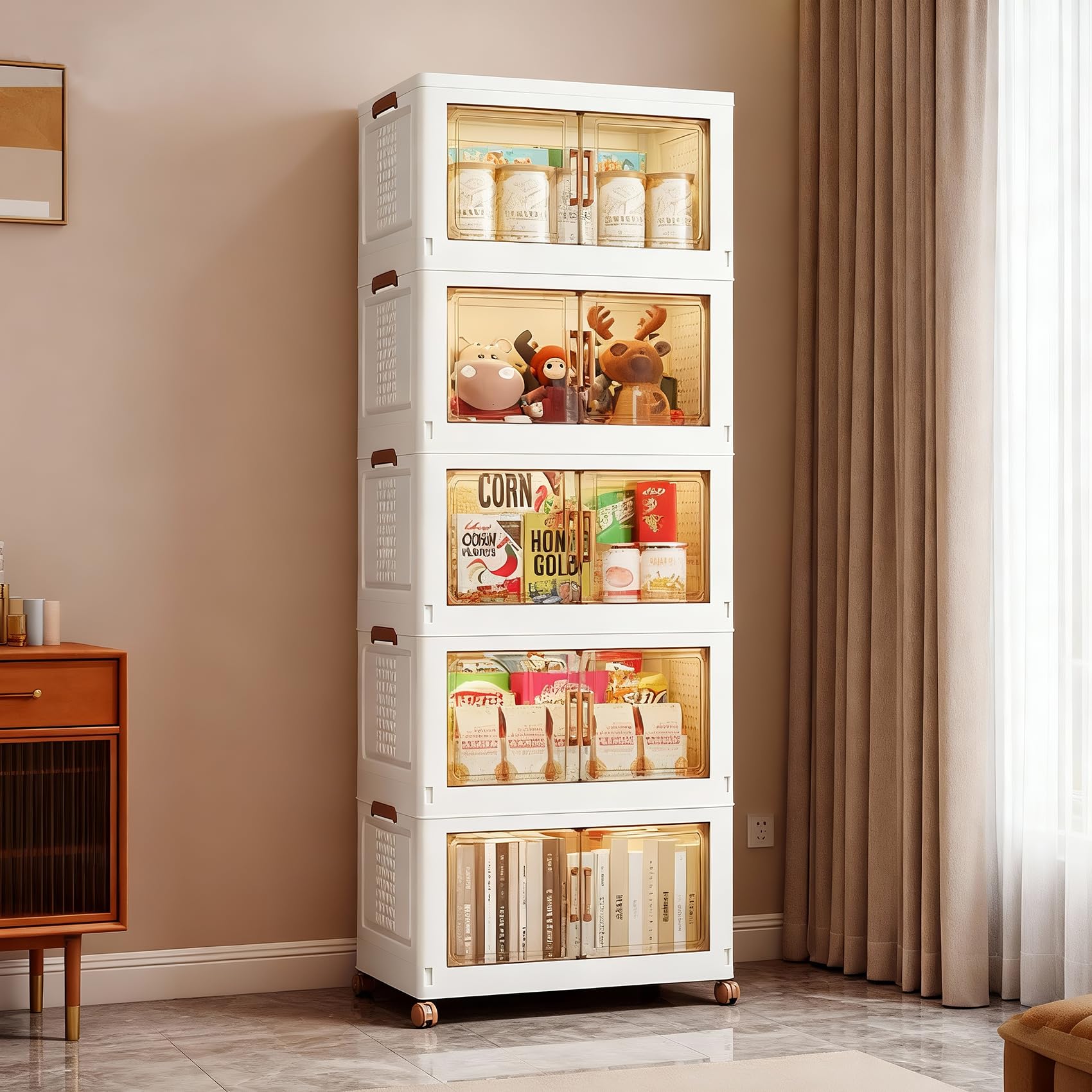 24L*5 Faltbare Aufbewahrungsbox mit Deckel mit Rollen | Stapelbare Aufbewahrungsboxen Plastikbox mit Magnetische Tür Storage Boxes für Schlafzimmer Wohnzimmer und Küchen