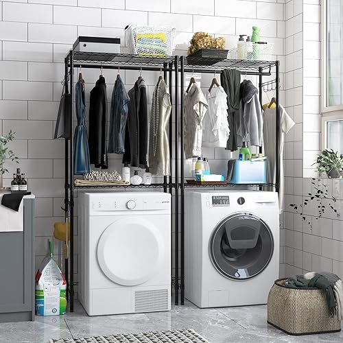 Miniatura 5 de Xiofio Estante de almacenamiento para lavadora y secadora, estante de secado de ropa, estantería de almacenamiento de 2 niveles de altura ajustable