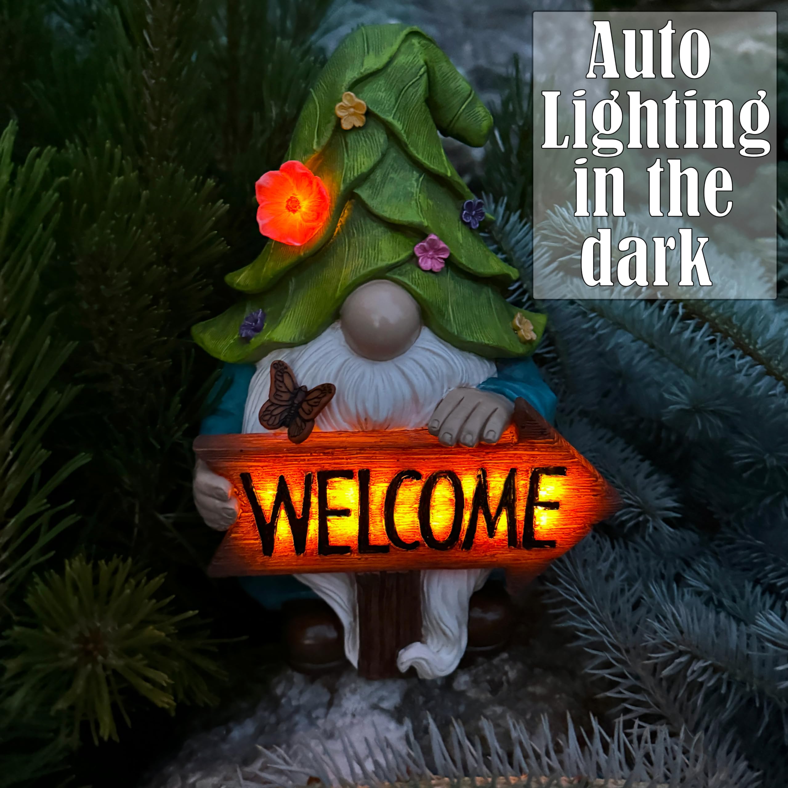Mood Lab - Gnomo de jardín - Figura de gnomo solar con letrero de bienvenida, decoración de 9.1 pulgadas para exteriores con luces LED