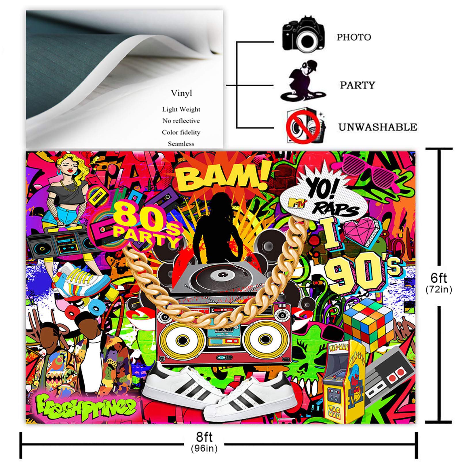 Avezano 80's Theme Birthday Party Backdrop - 8x6ft Vinyl, Hip Hop Decoration, Photography Background
