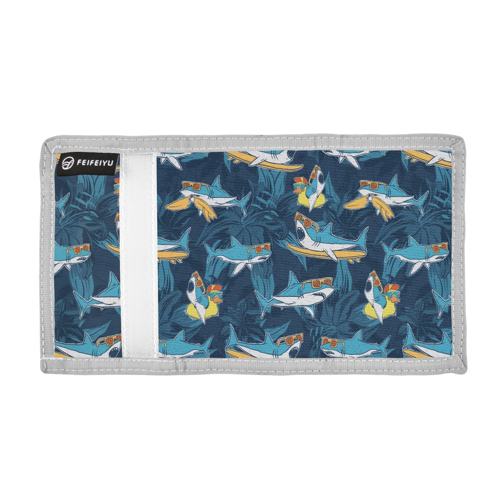 JHKKU Funny Sharks Tropical Flowers Trifold Wallets for Kids Boys Girls, Outdoor Sports Wallet for Teen, with Zipper Coin Pocket Novelty Purse