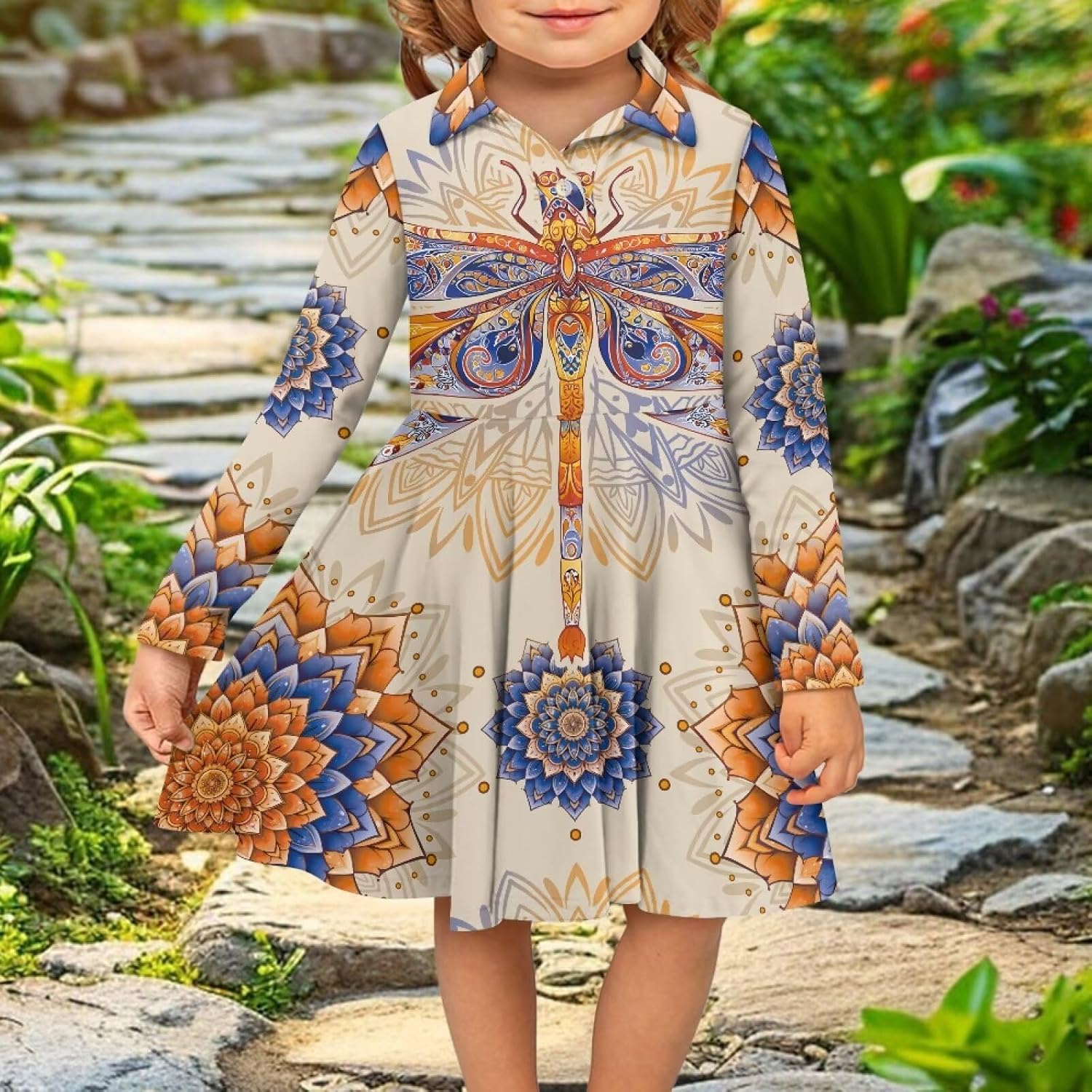 Girls A-Line Dress Fall Long Sleeve Sundress Casual Lapel Collar Dresses for Outing Gifts