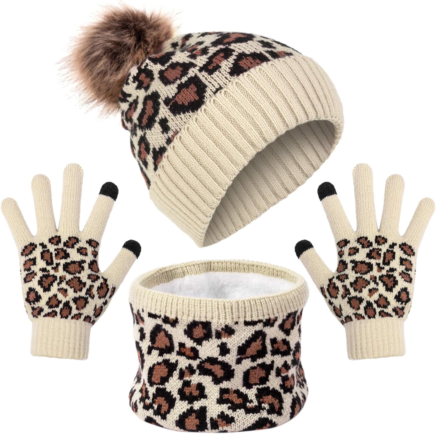 Winter Hat Scarf and Gloves Set for Women Warm Knitted Infinity Leopard Print