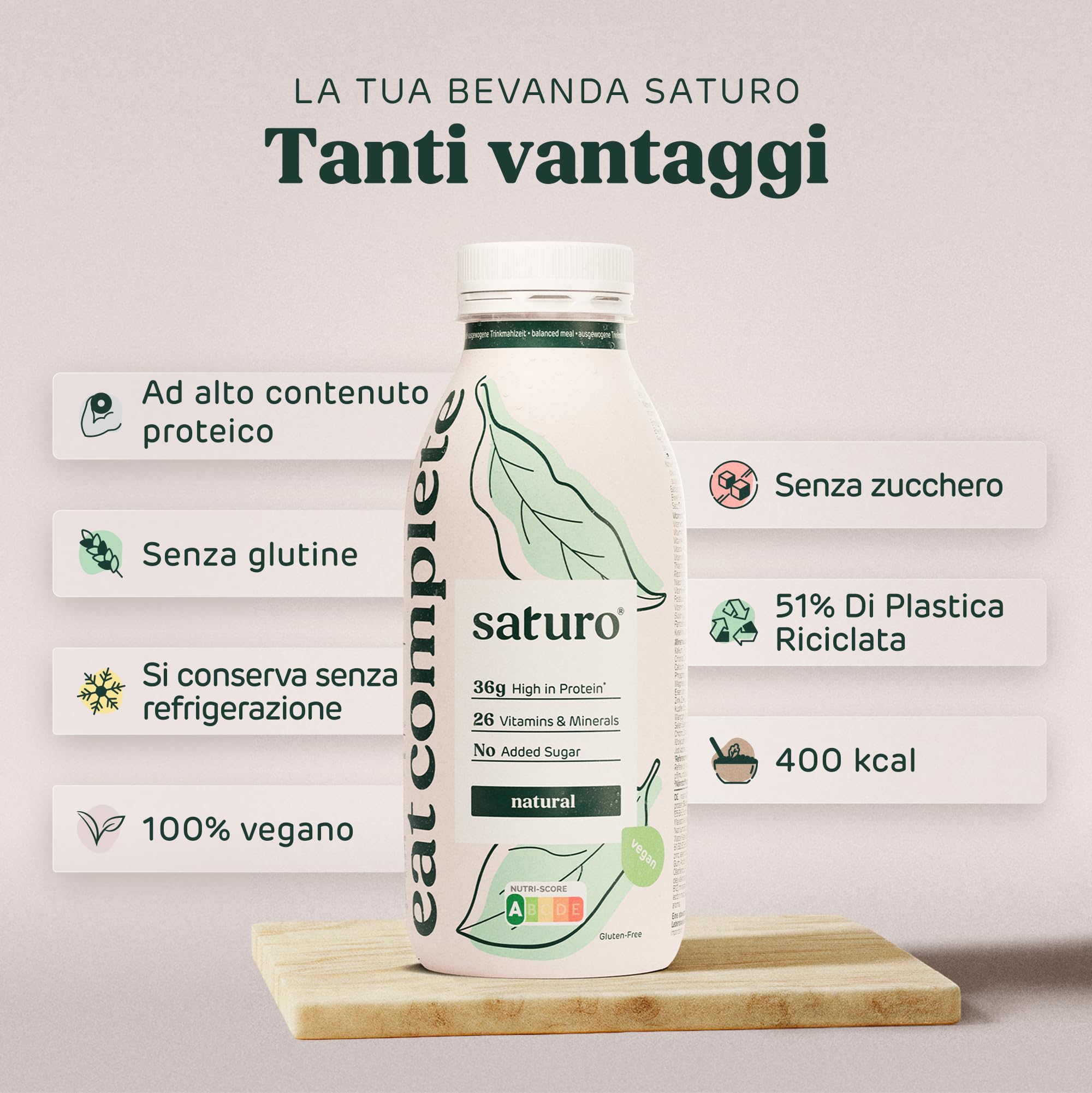 Saturo Pasto Sostitutivo Frullato Gusto Natural | 36 g di proteine & senza zucchero | 400 kcal | Vegano | Pasto Bevibile con Nutrienti Essenziali | 6 x 400 ml