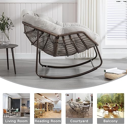 Miniatura 4 de Moderna mecedora de ratán para interiores, patio, cojín acolchado, silla reclinable con cojín para exteriores, porche, sala de estar, patio, jardín
