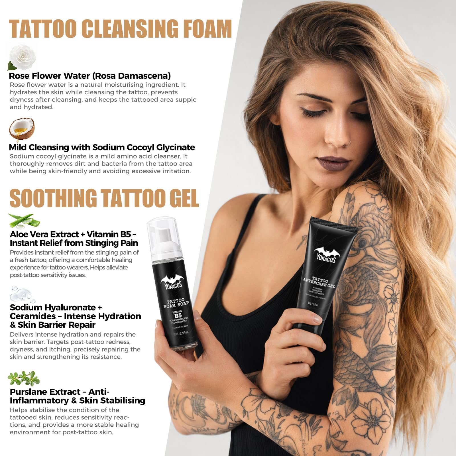4 in 1 Kit di cura tatuaggio professionale tatuaggio aftercare | Morbido e lenitivo, crema riparatrice, gel lenitivo, schiuma detergente e fascia di protezione, per tatuaggio fresco e antico