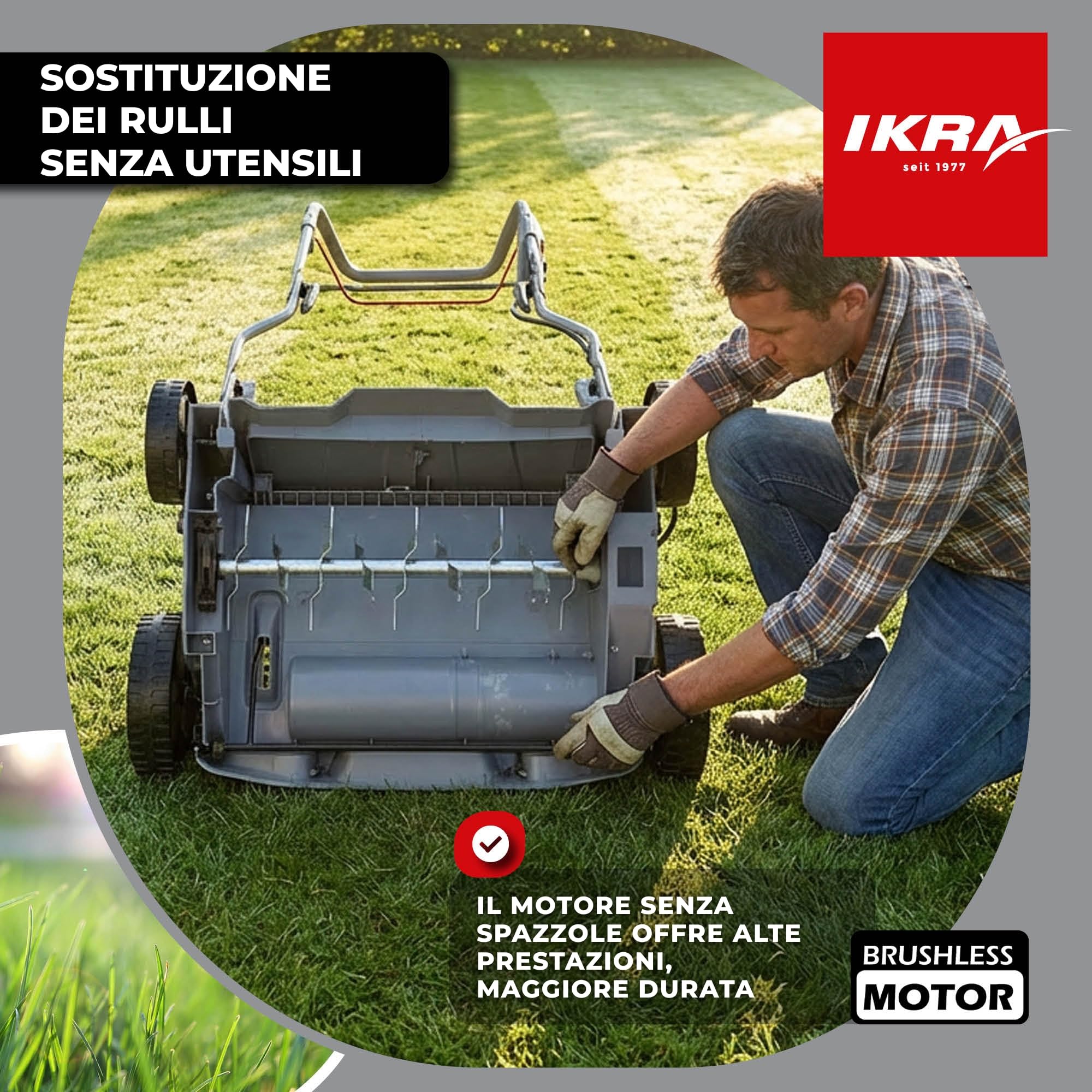 IKRA scarificatore arieggiatore a batteria 3in1 IAVL 2-2040, larghezza 40cm | Inclusi 2 batterie 20V 4,0Ah e caricatore rapido, cesto 40 l, +12/-3 mm, cambio rullo senza attrezzi, IKRA 20V