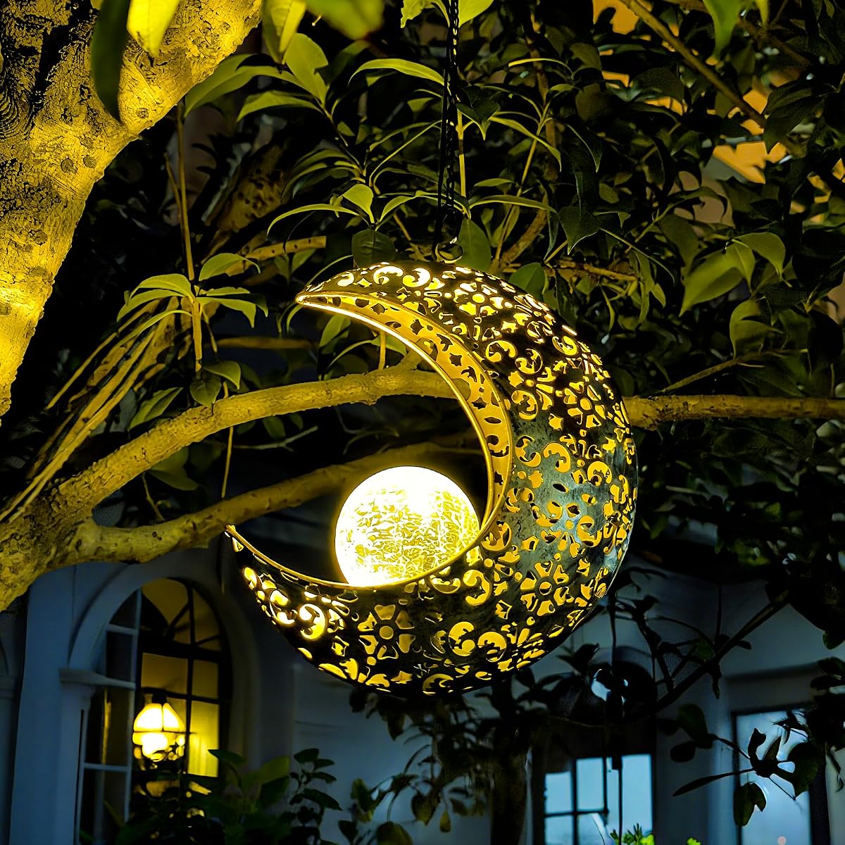 Solar Hanging Moon Lights,Outdooor Lanterns Waterproof Yard Decor Gifts | 7.87In Bronze Metal ,Crackle Glass,Warm White,8-10 Runtime,Easy Hang,Vintage Boho,Garden Patio Tree Art Decor,Gifts for Mom