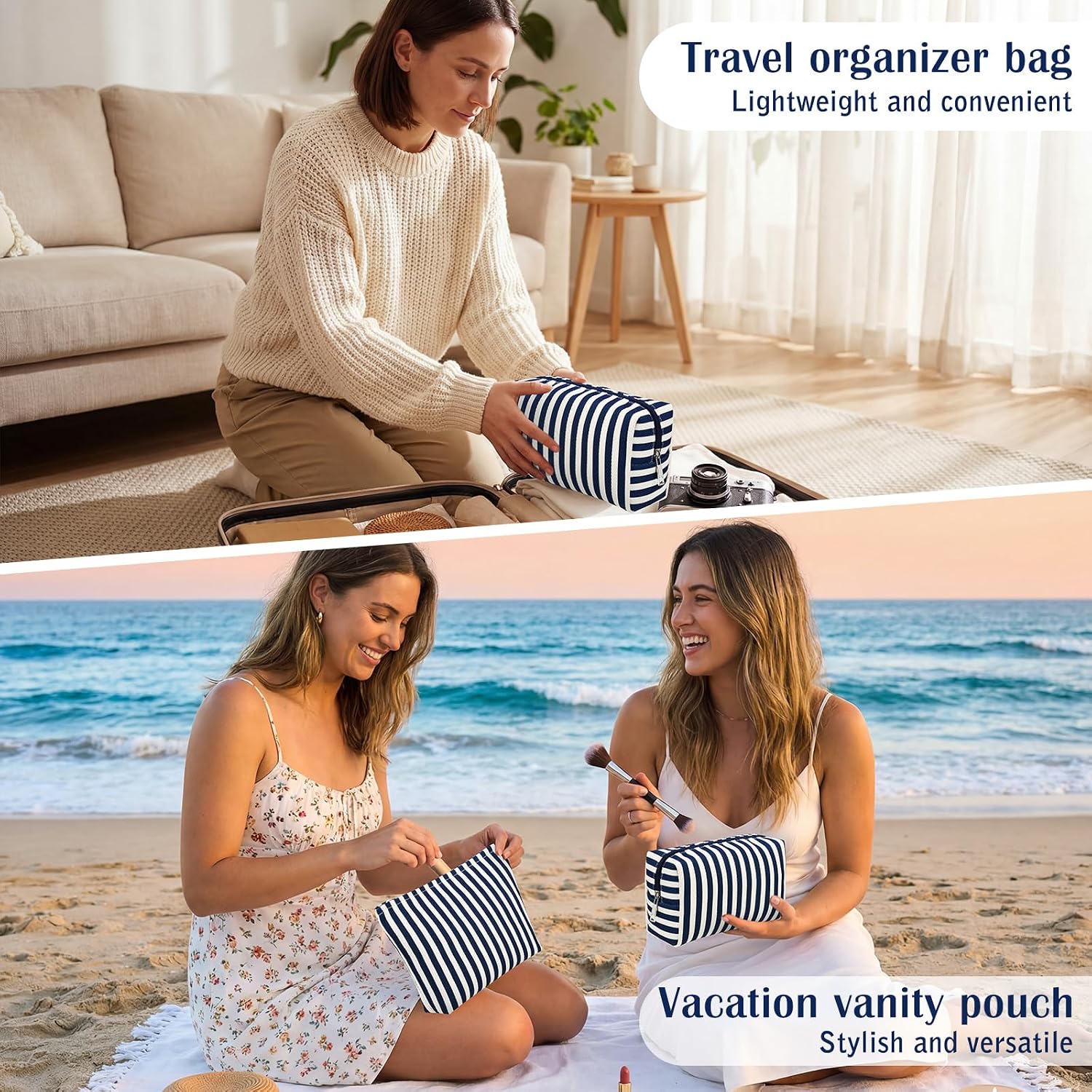 Sadnyy 2 Pcs Navy Blue Striped Makeup Bags Set Canvas Zipper Cosmetic Pouch for Purse Travel Toiletry Organizer Bag Gifts for Mom Women Beach Bridemaids Party Favors