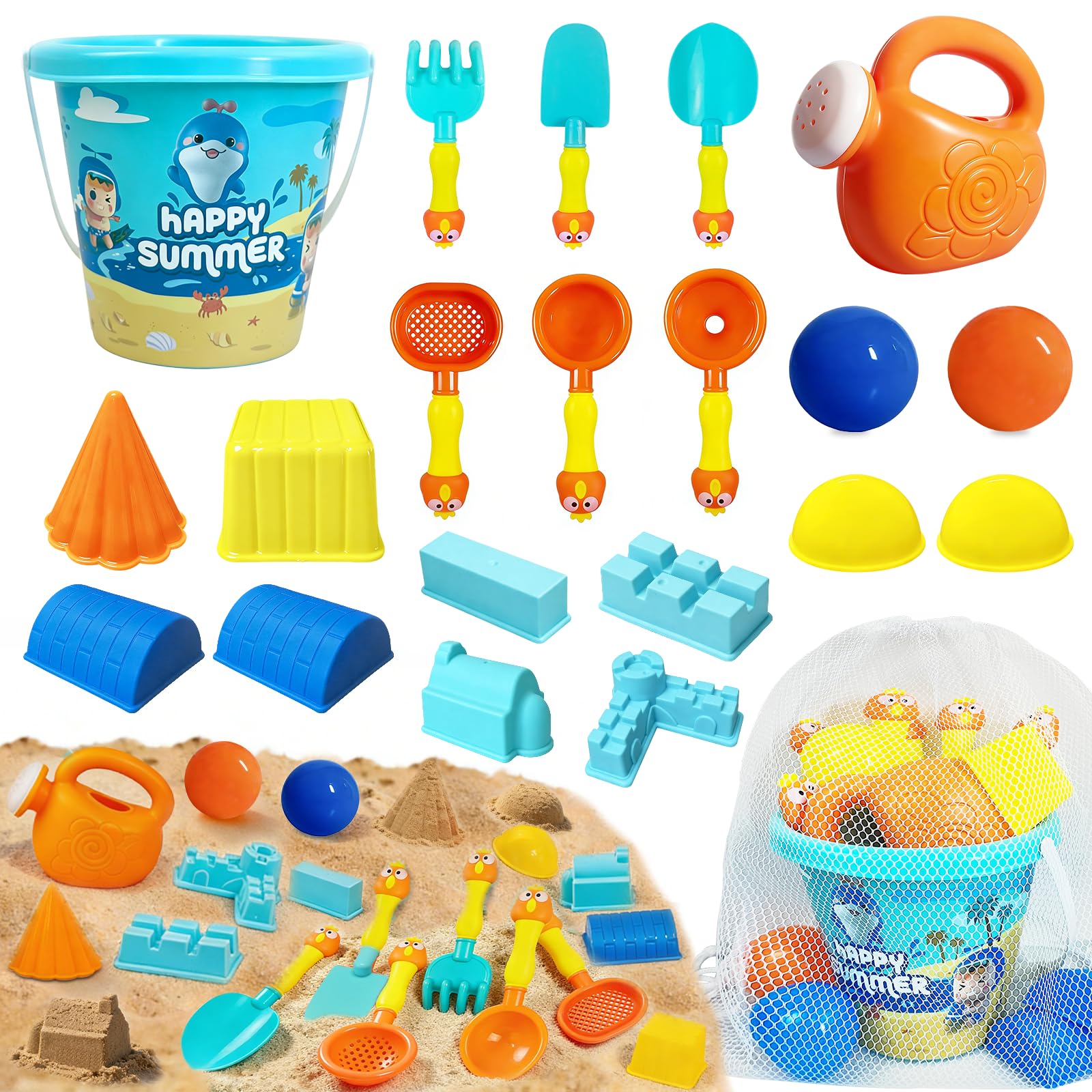 Giochi da Spiaggia per Bambini, 20Pezzi Accessori per Sabbiera con Secchiello e Paletta, Annaffiatoio, Formine Spiaggia e Borsa Rete, Giochi di Sabbia Estivi da Viaggio per Bambini Bambine
