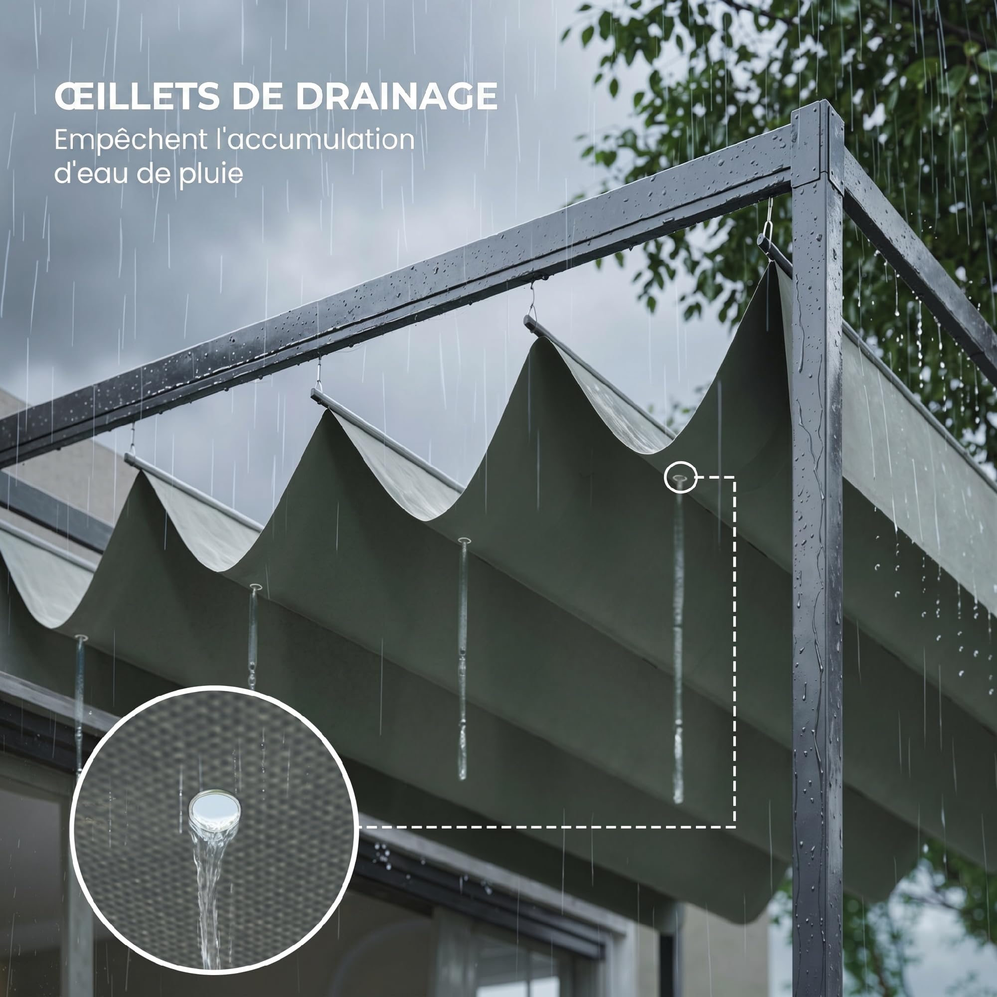 Outsunny Gazebo Pergola 3x2 m con Tettuccio Retrattile, Drenaggio, Picchetti e Viti, Poliestere e Metallo, Grigio