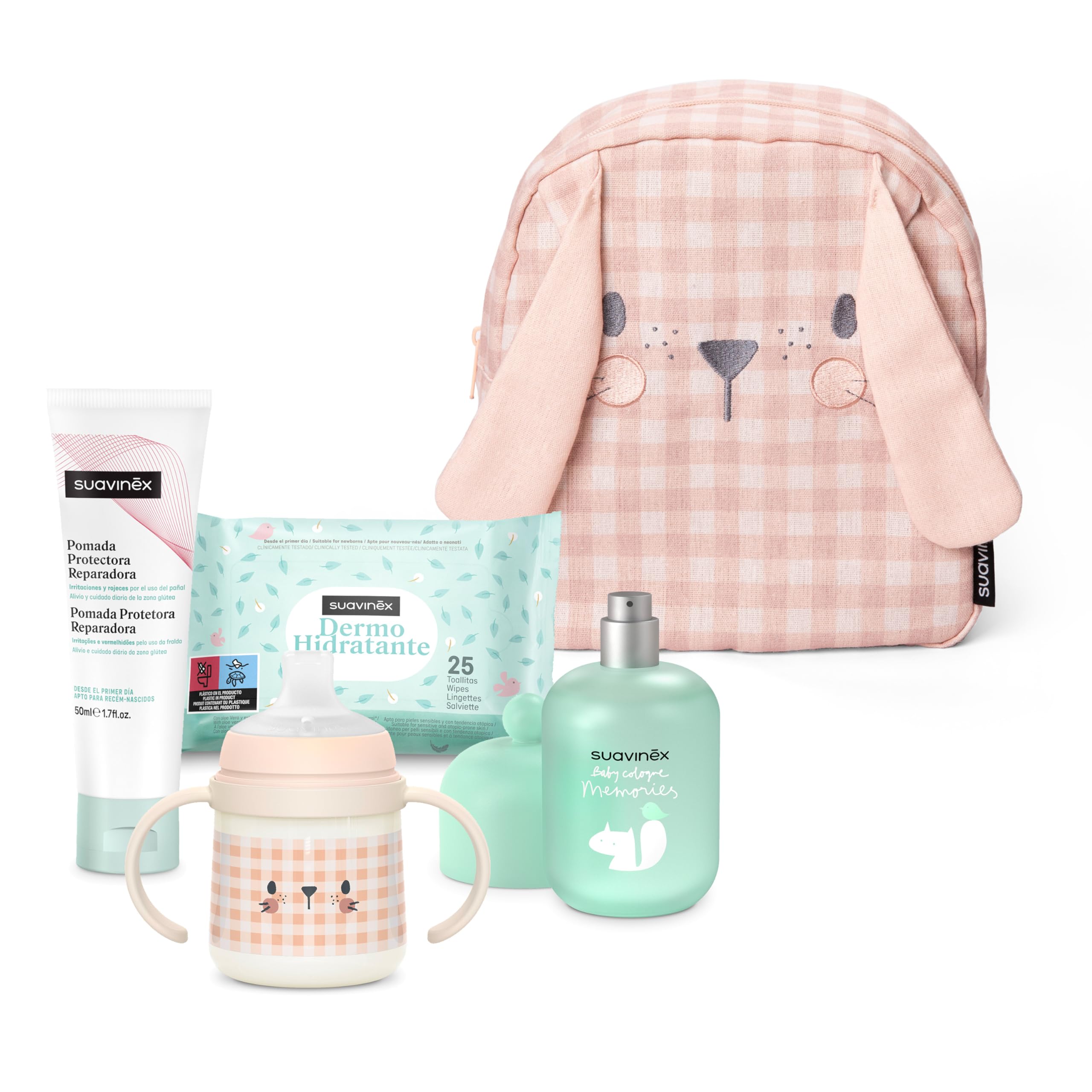 Suavinex, Mochila Guardería para Bebés, Canastilla - Regalo para Bebé con: Baby Cologne Memories 100 ml + Crema Pañal 50 ml + Pack 25 Toallitas Dermohidratantes + Taza de Aprendizaje, Conejo, Rosa