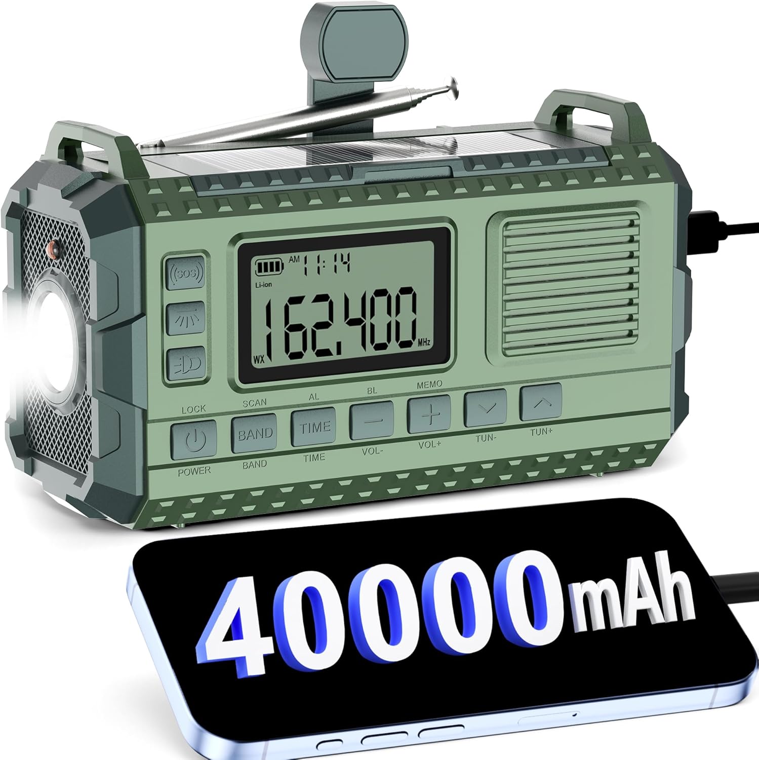 Emergency Weather Radio – AM/FM/NOAA Hand Crank Radio with 15W Fast Charge, 40000mAh Portable Solar Power Bank, Multi-Function Flashlight & SOS Alarm for Outdoor Indoor Emergencies (Green) Emergency Weather Radio – AM/FM/NOAA Hand Crank Radio with 15W Fast Charge, 40000mAh Portable Solar Power Bank, Multi-Function Flashlight & SOS Alarm for Outdoor Indoor Emergencies (Green)