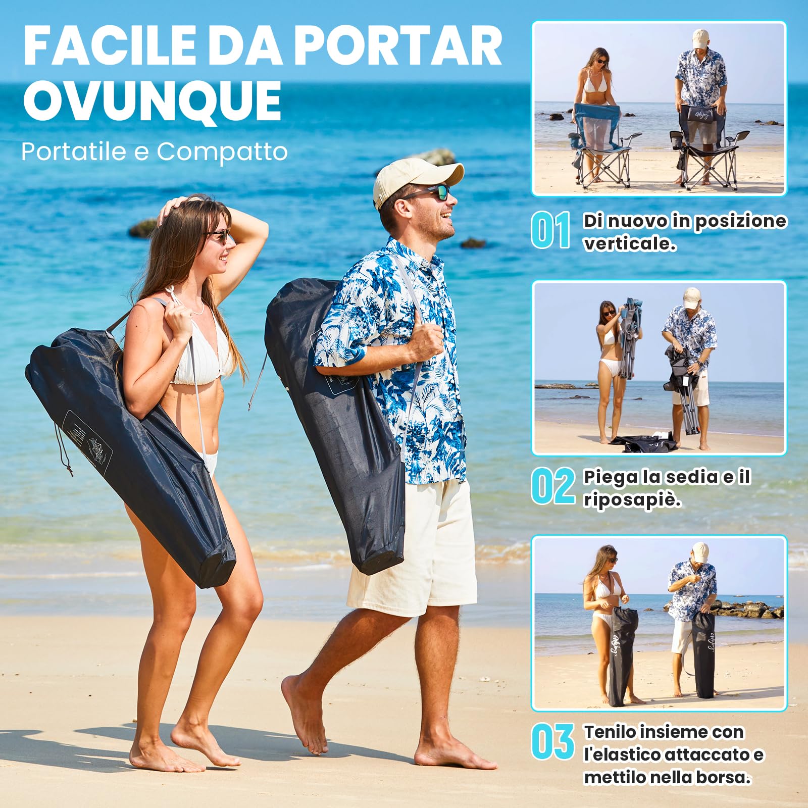 #WEJOY Sedia da campeggio pieghevole 2 in 1, 180 kg, con poggiapiedi, sedia da spiaggia con schienale regolabile in 4 posizioni, sedia a sdraio, sedia a sdraio con supporto per bevande, sedia da