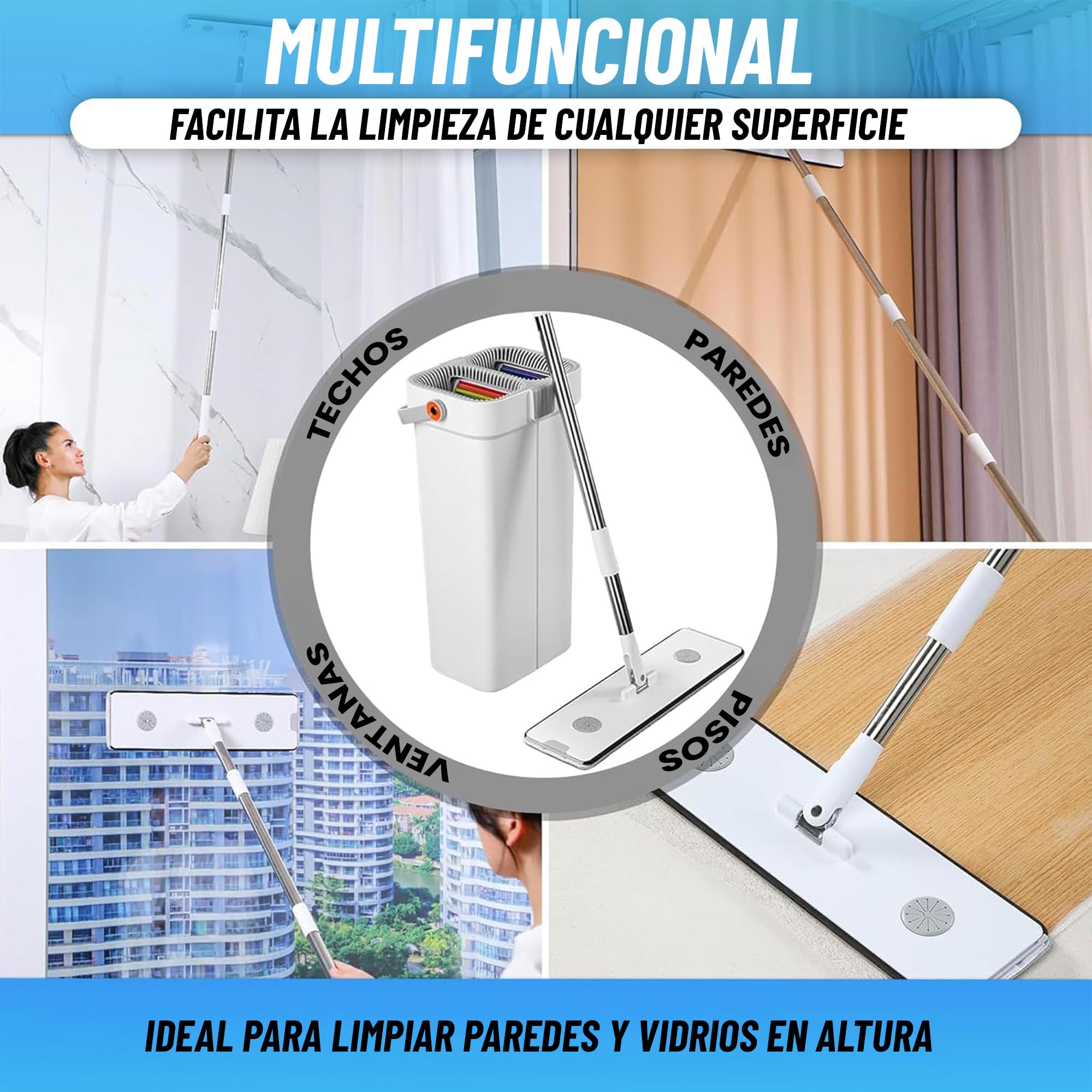 Mopas de Limpieza Suelos con Cabezal XL 360°, Mopa para Limpiar Azulejos y Paredes, Fregona Autoescurrible, Cubo Escurridor Doble Compartimento, Mopa Microfibra Antideslizante