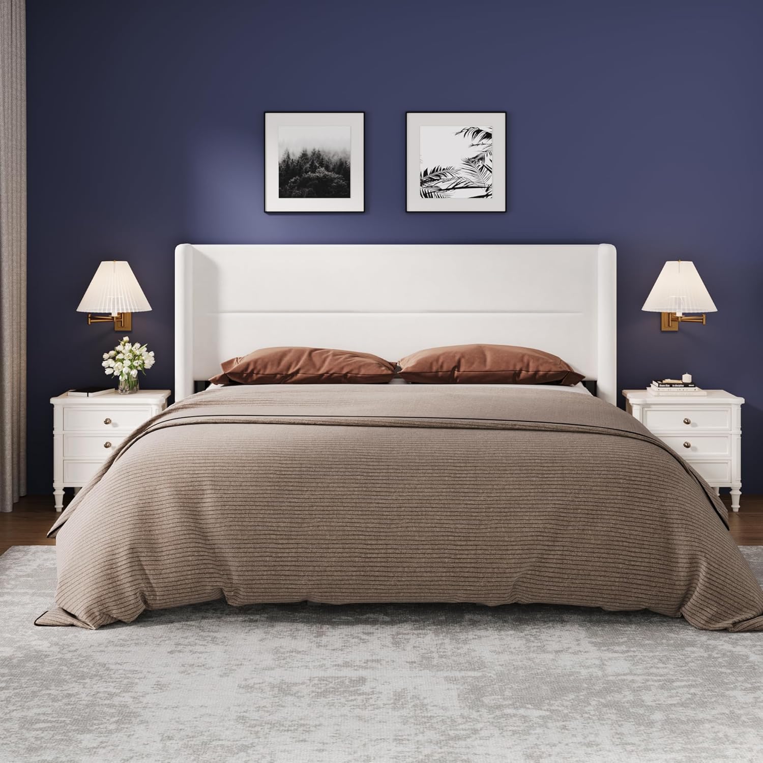 King Size Bed Frame with Wingback Headboard, Velvet Upholstered Platform Bedframe with Wood Slats, No Box Spring Needed, Easy Assembly, White