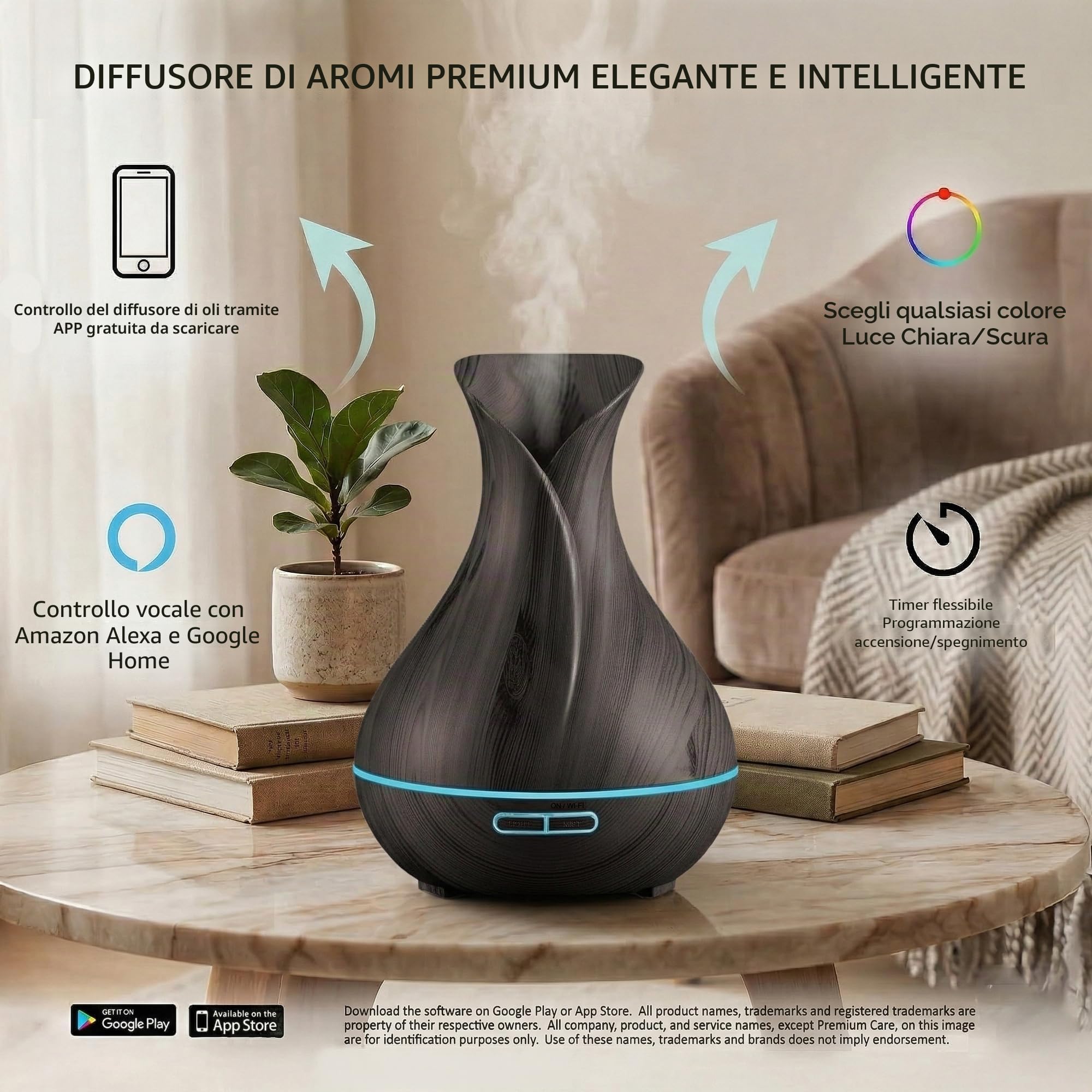 Smart WiFi Wireless Olio Essenziale Aromaterapia 400ml Diffusore ad Ultrasuoni & Umidificatore con App Alexa & Google Home Phone & Controllo vocale – Crea orari – Impostazioni LED & Timer