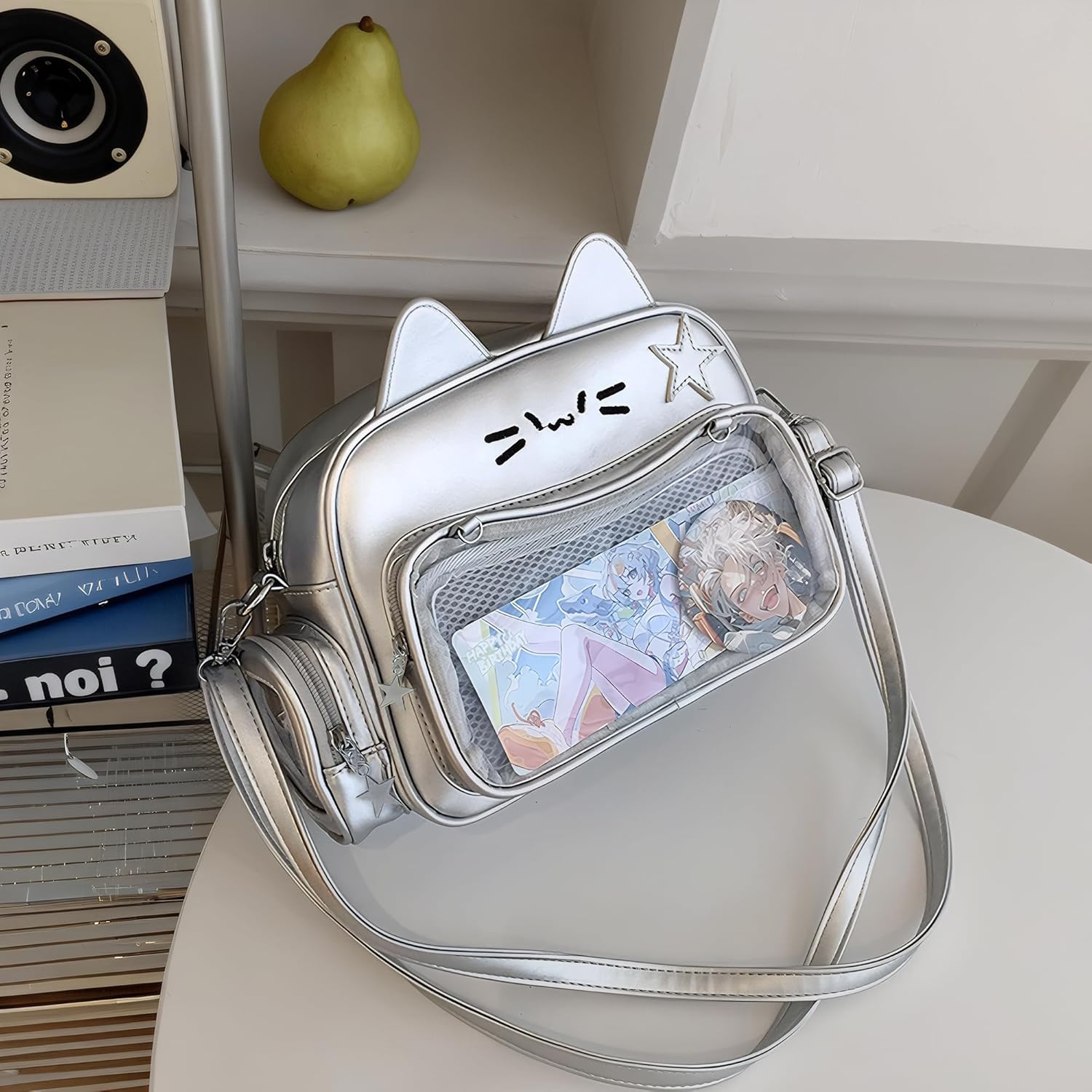 Cute Cat Ita Bag Backpack – Kawaii Pin Display Crossbody Bag for School & Cosplay, Silver - Image 9