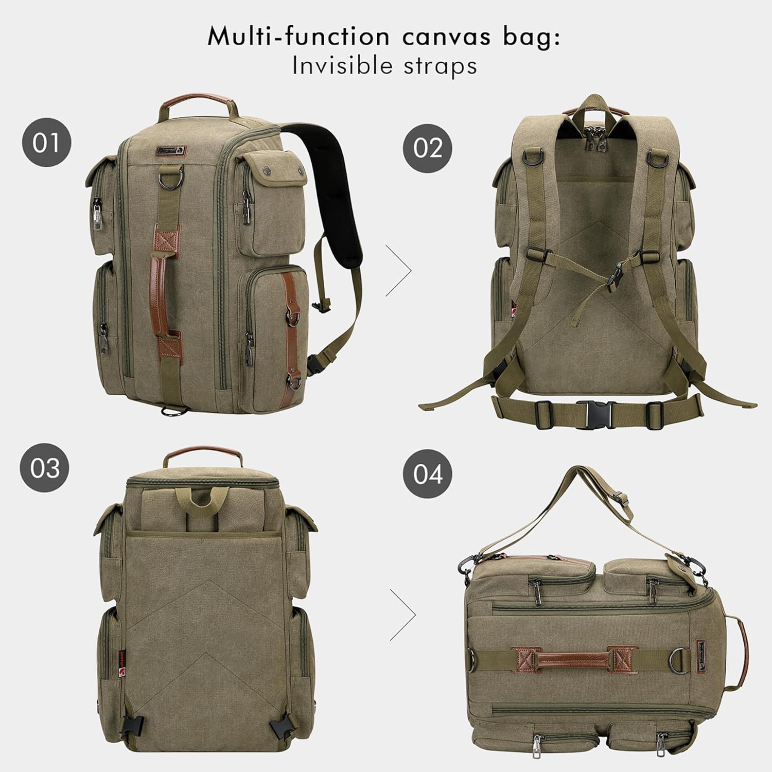 WITZMAN Travel Backpack for Men and Women Carry On Canvas Backpack Duffel Bag for Airplanes Fit 17 Inch Laptop (6661 Green) - Image 4