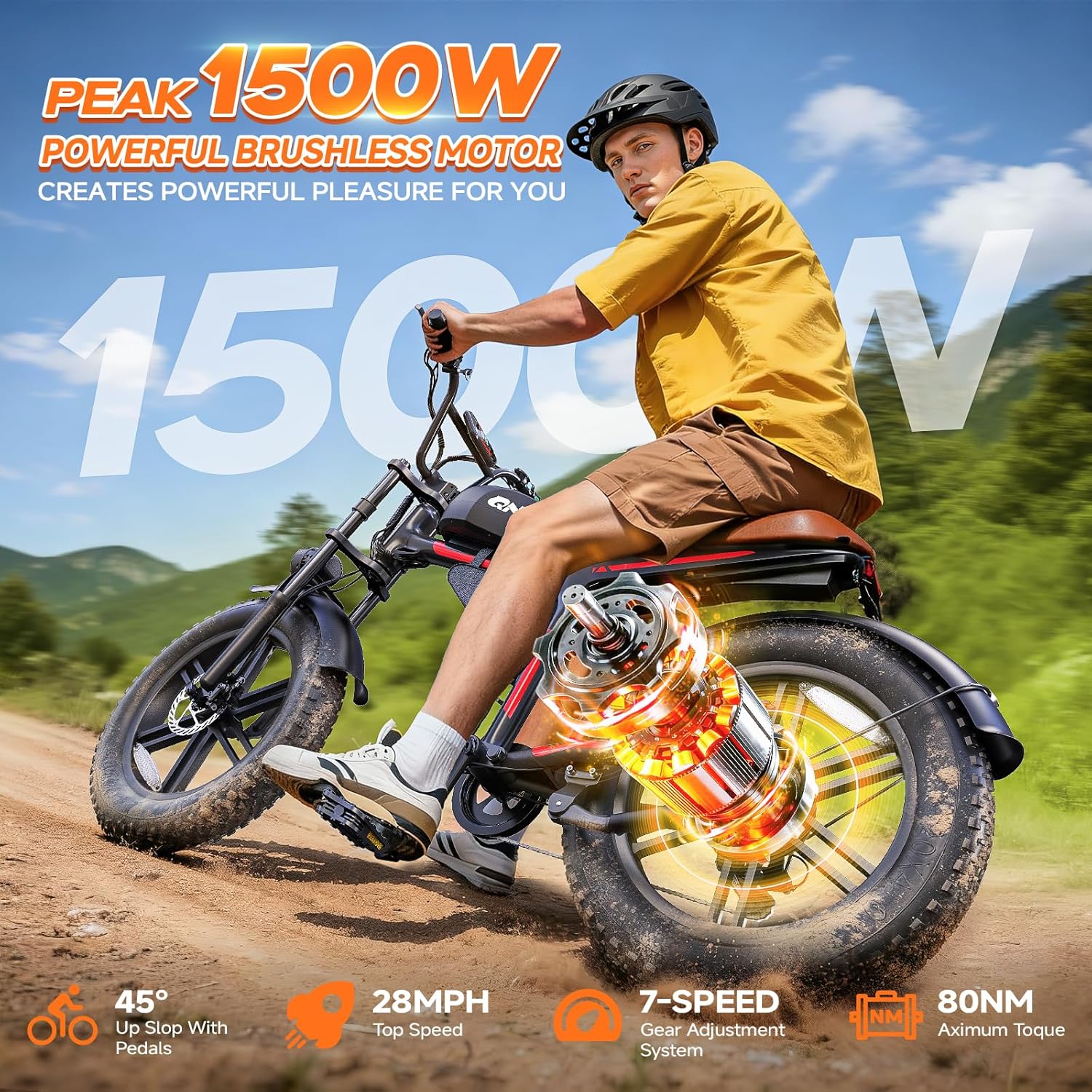 QNUT Electric Bike for Adults - 1500W Peak Motor 28MPH Speed, 48V 18Ah Battery, 60-90 Miles Range, 7-Speed Transmission, 20"x4.0" Retro Motorcycle Design for City & Trail Riding