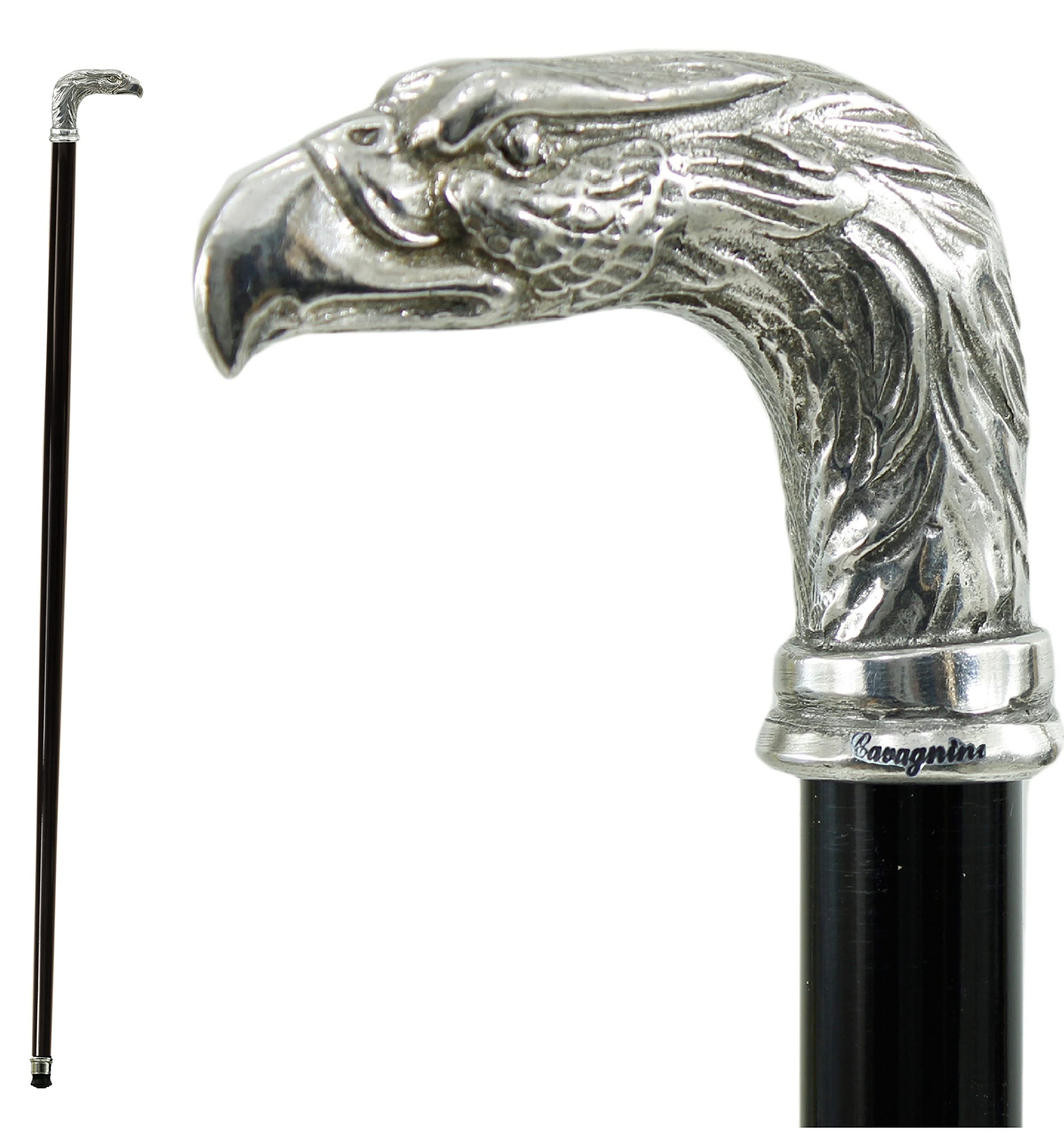 CAVAGNINI bastone da passeggio aquila personalizzato incisione nome, impugnatura in peltro lucido come argento, made in Italy artigianale, regalo lusso uomo donna sposo, 97 cm 5 colori