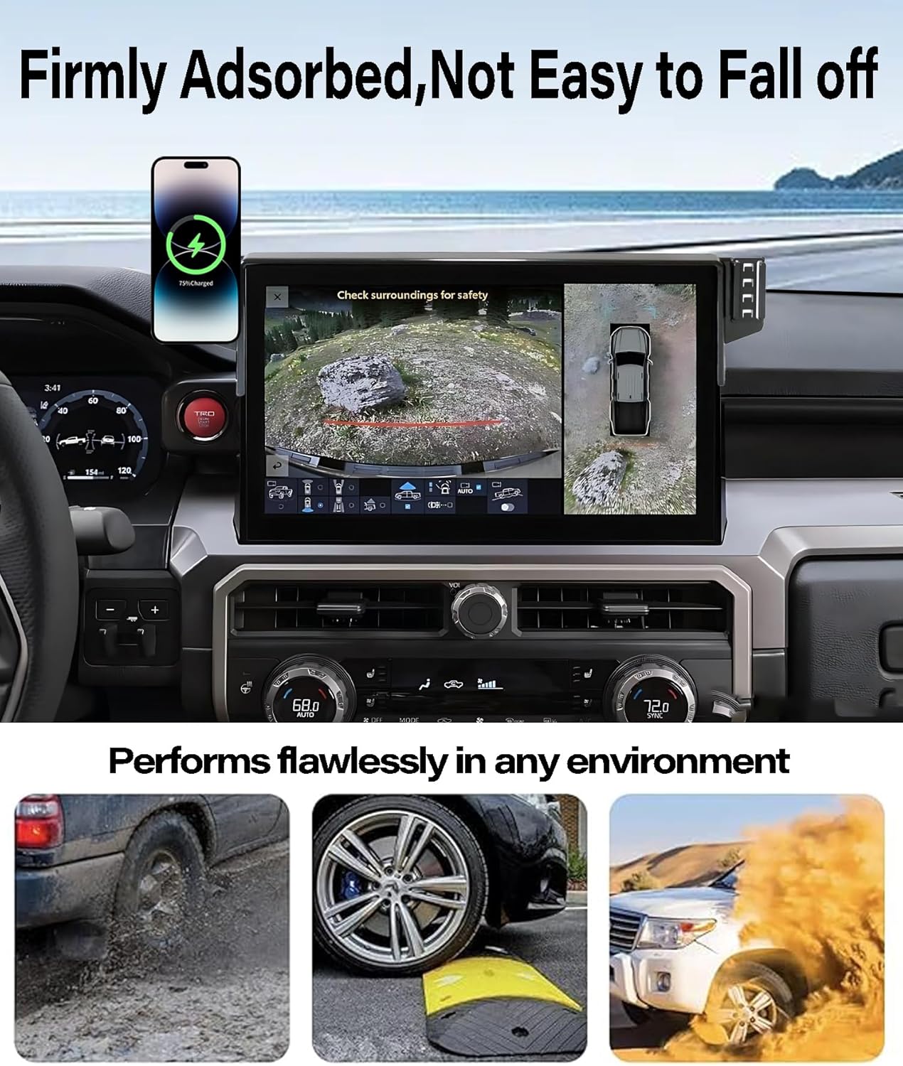 Car Phone Holder for 2024 2025 2026 Toyota Tacoma/2025 Toyota 4Runner Accessories 15W MagSafe Fast Wireless Charger Cell Phone Mount Apply to 14 Inch Touch Screen Fixed Clip 360° Rotation