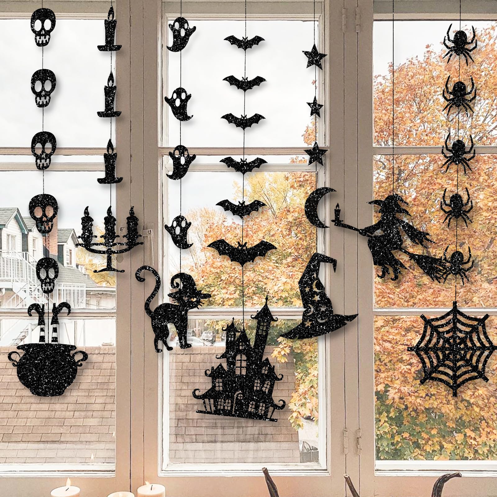 Glitzernde schwarze Halloween-Girlande zum Aufhängen – Geister, Hexen, Fledermäuse, Spinnen, Spukhaus, Katze und mehr – Partyzubehör für den Innen- und Außenbereich für Gothic-Geburtstag, Zuhause,