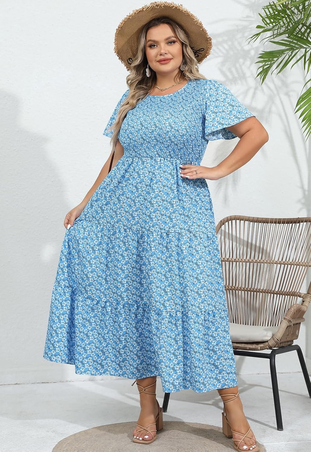 Womens Plus Size Long Maxi Dress with Pockets Floral Smocking Flutter Sleeves Tiered Layers Casual Dresses - Image 3