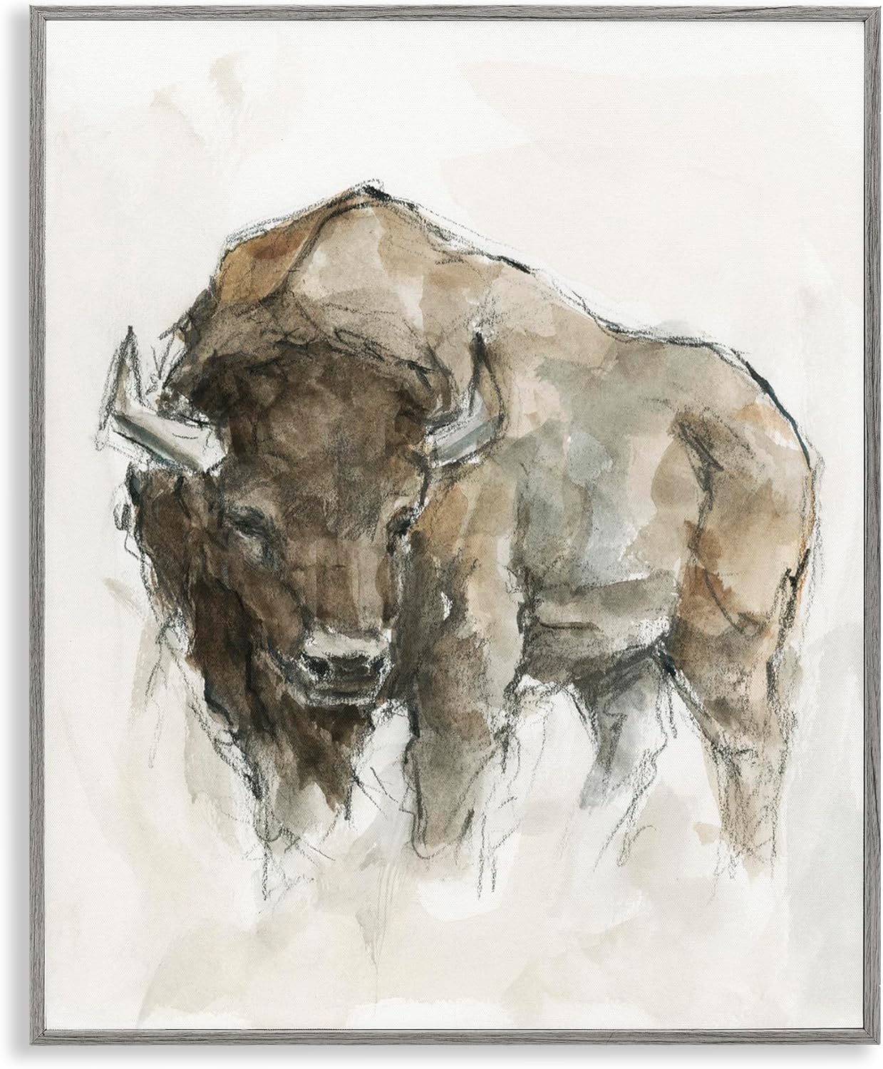 Western American Buffalo Brown Animal Painting with Gray Frame, 24x30