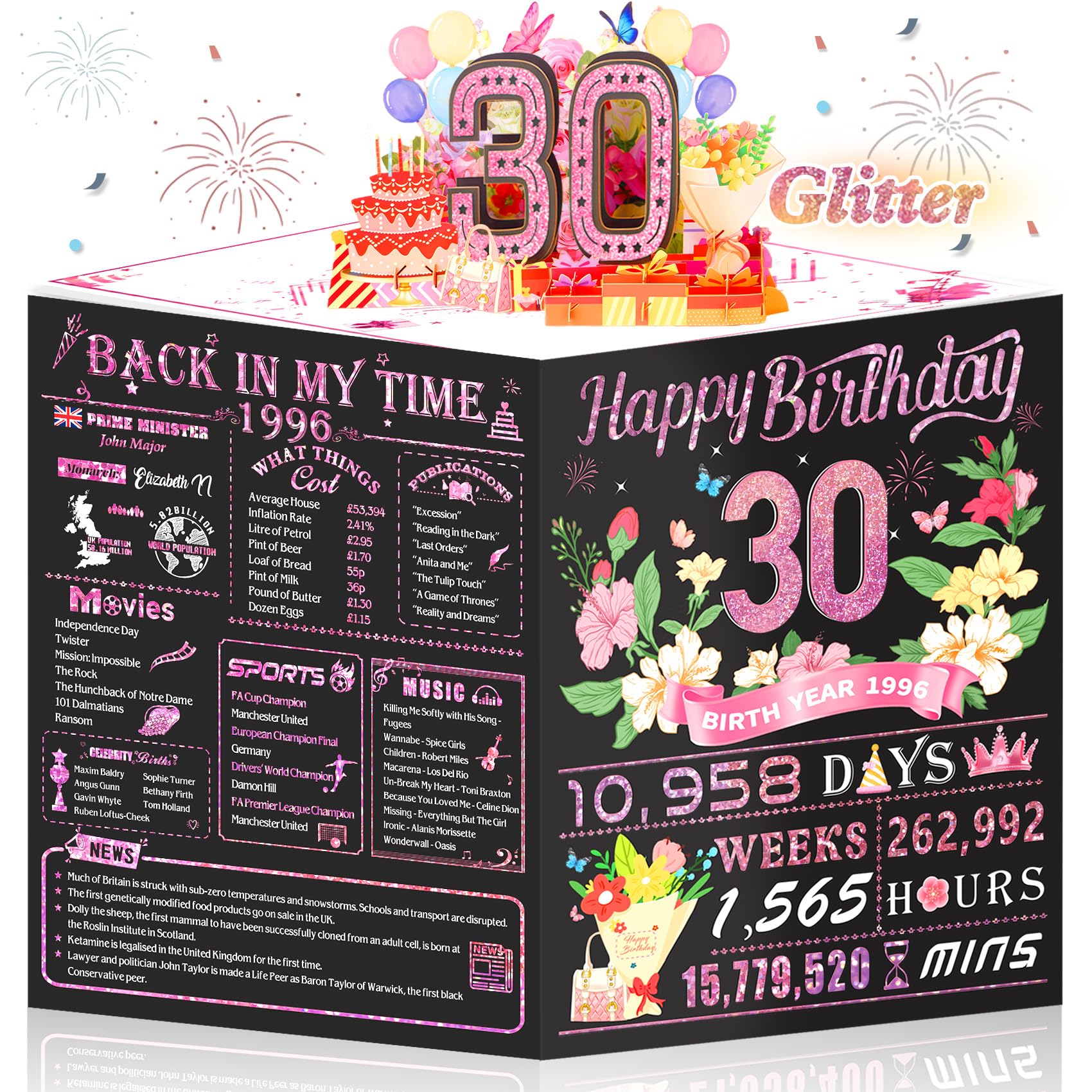 Awrmoo 30th Birthday Cards for Women, 3D Pop Up 30th Birthday Card Gifts for Her, Back In 1996 Rose Gold Funny 30 Year Old Birthday Decorations Ideas for Wife Mother Aunt Friends Mom