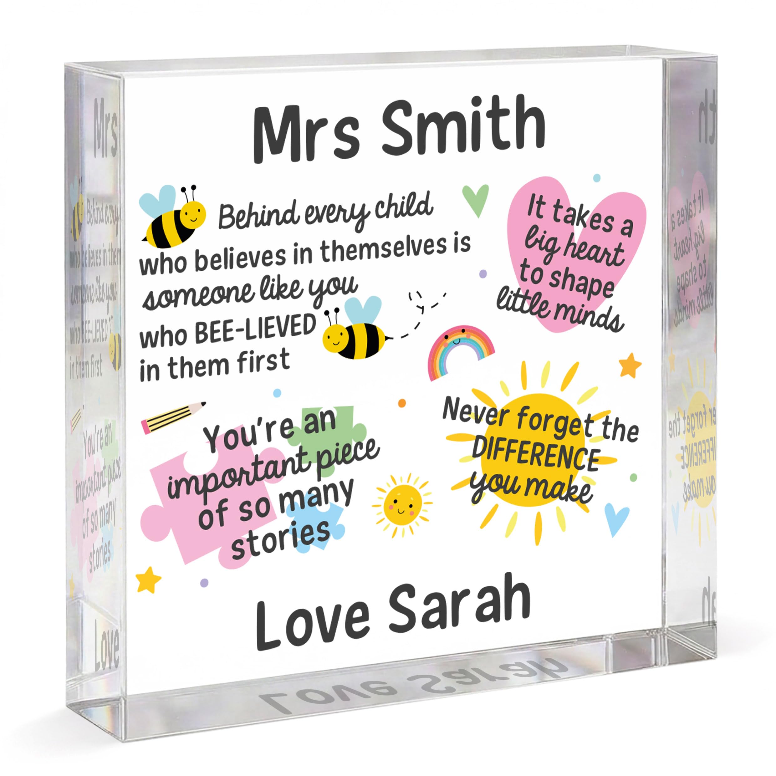 Beecreative Personalised SEN Teacher Gifts - Square Acrylic Plaque - Autism Teacher Thank You Present - With Gift Bag