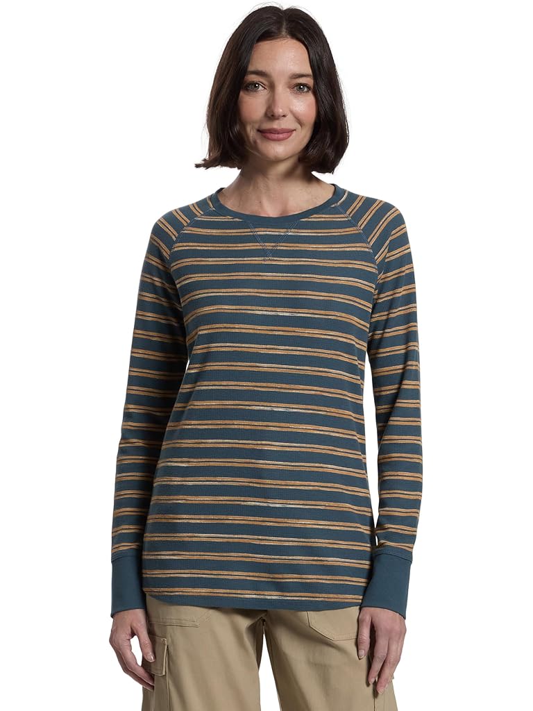 Brown L.L.Bean Unshrinkable Mini-Waffle Tee Long Sleeve Crew Neck Stripe