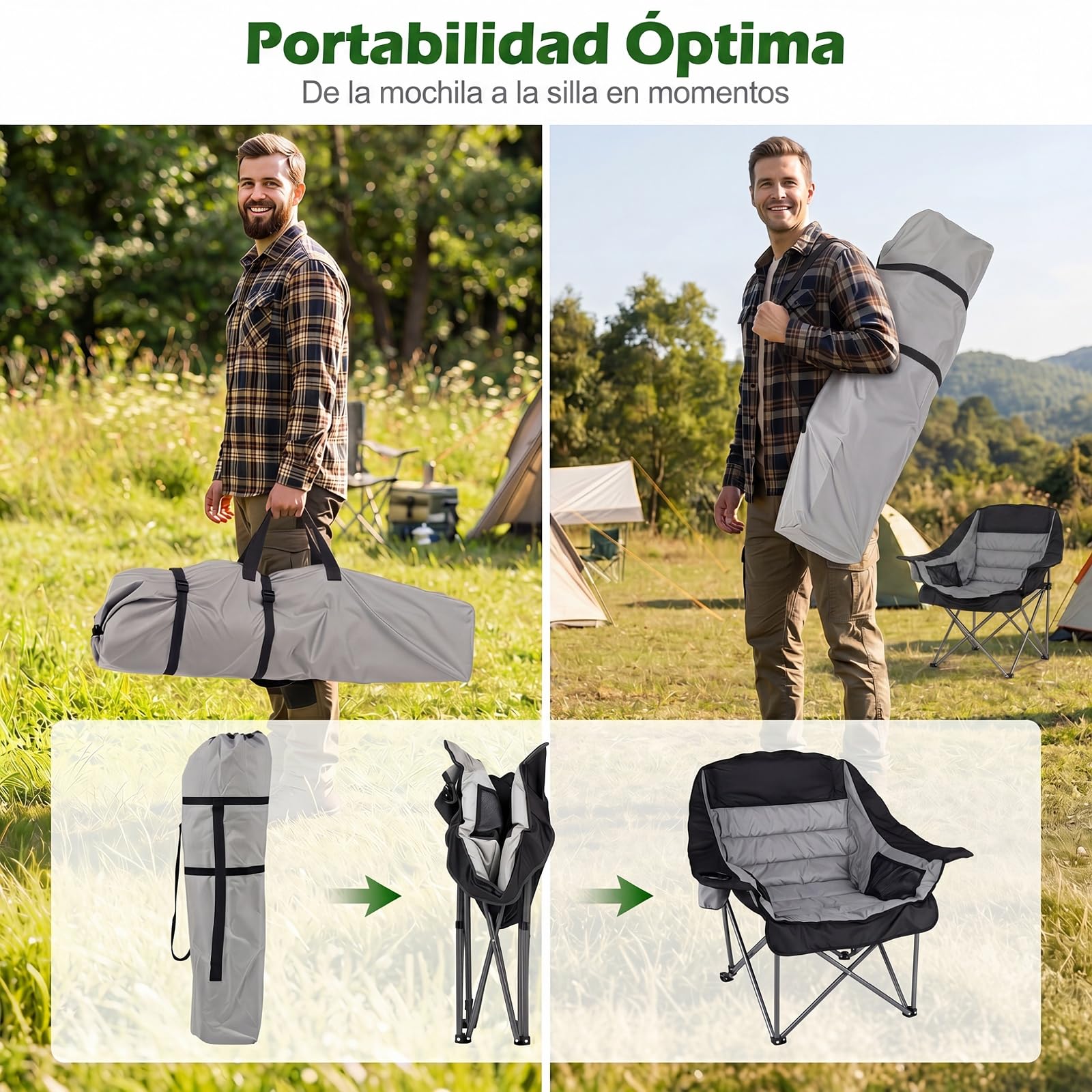 COSTWAY Silla de Camping Extragrande y Acholchada, Silla Plegable Portátil con Bolsillos Laterales, Portavasos, Bolsa de Transporte, Playa Pesca, Carga 225 kg,72 x 104 x 93 cm (Gris)